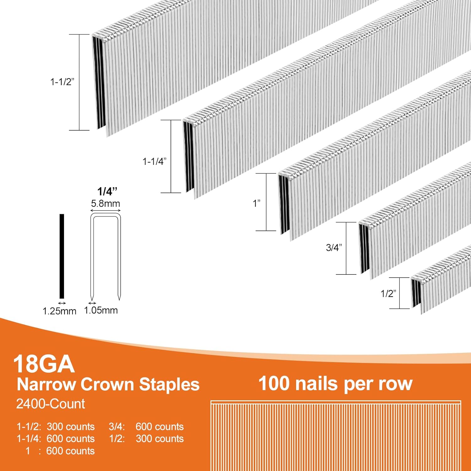 BRAD NAILS, BRAND, CATEGORY, PINOZE, 4200-Count 18 Gauge 1/4" Narrow Crown Staples (1-1/2" 1-1/4" 1" 3/4" 1/2") & 18GA Brad Nails (2" 1" 5/8"), Heavy Duty Galvanized Upholstery Staple for Pneumatic/Electric Stapler Gun/Brad Nailer