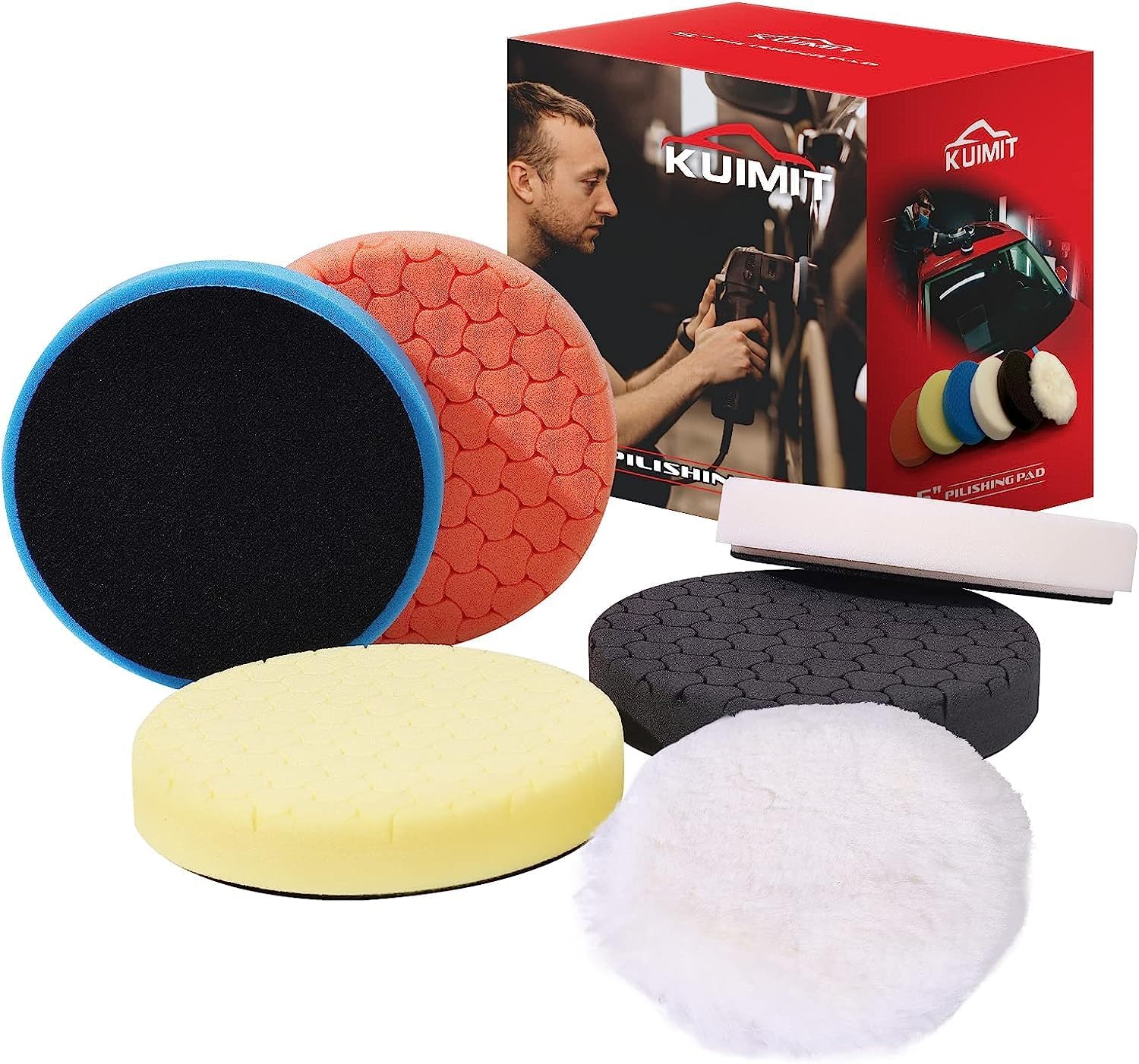 BRAND, BUFFING & POLISHING PADS, CATEGORY, KUIMIT, 5" Buffing Polishing Pads, 6Pcs 5.6inch 125mm for 5 Inch Backing Plate, Compound Buffing Sponge Pads and Woolen Pads Cutting Polishing Pad Kit for Car Buffer Polisher (Honeycomb Structure)