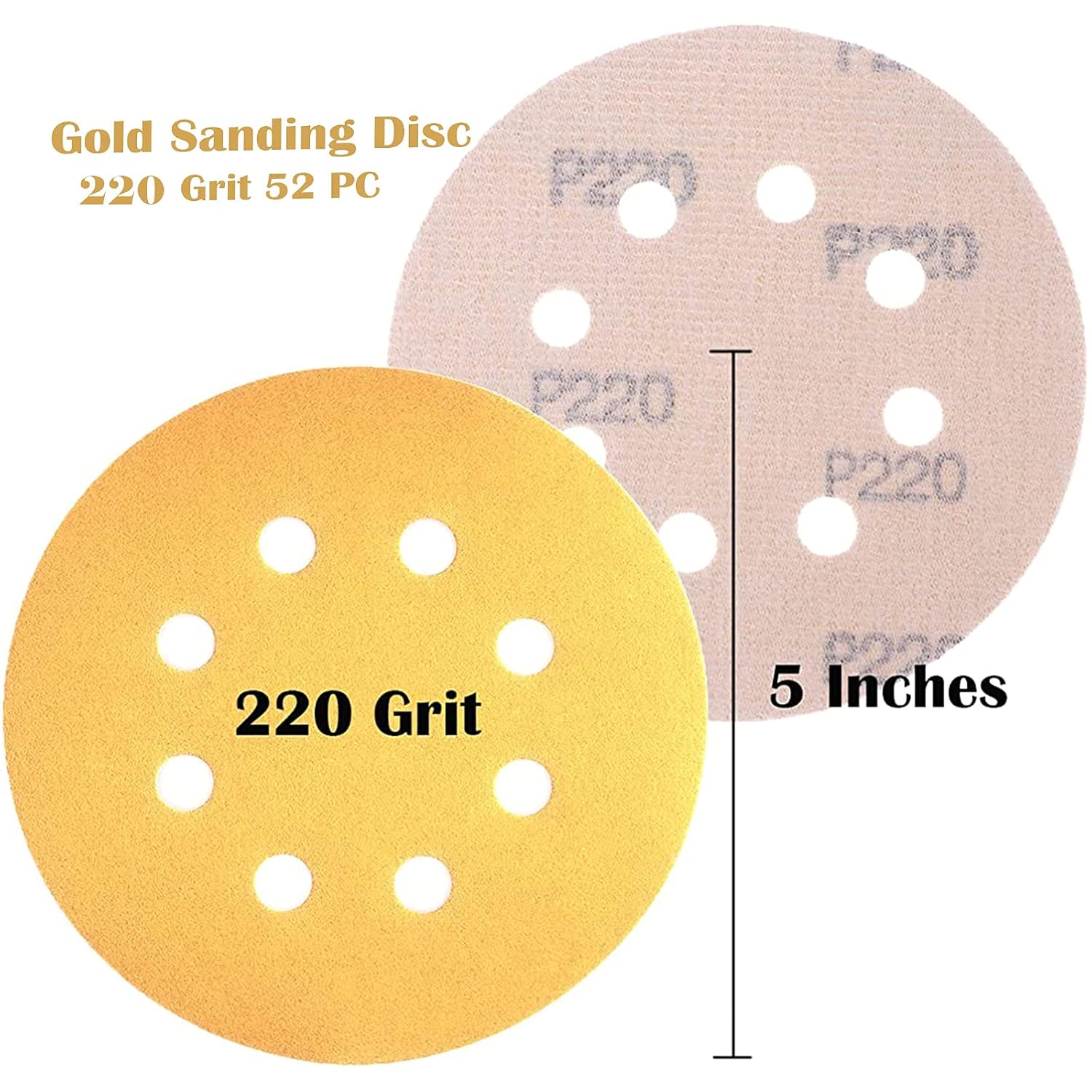 BRAND, CATEGORY, ECO EDGE, HOOK & LOOP DISCS, 5-Inch Hook and Loop Premium Sanding Disc Assortments: 100Pcs 5" 8-Hole Gold Sandpaper Discs (20 count of each 60/80/120/150/220 Grit) Fits Orbital Sander