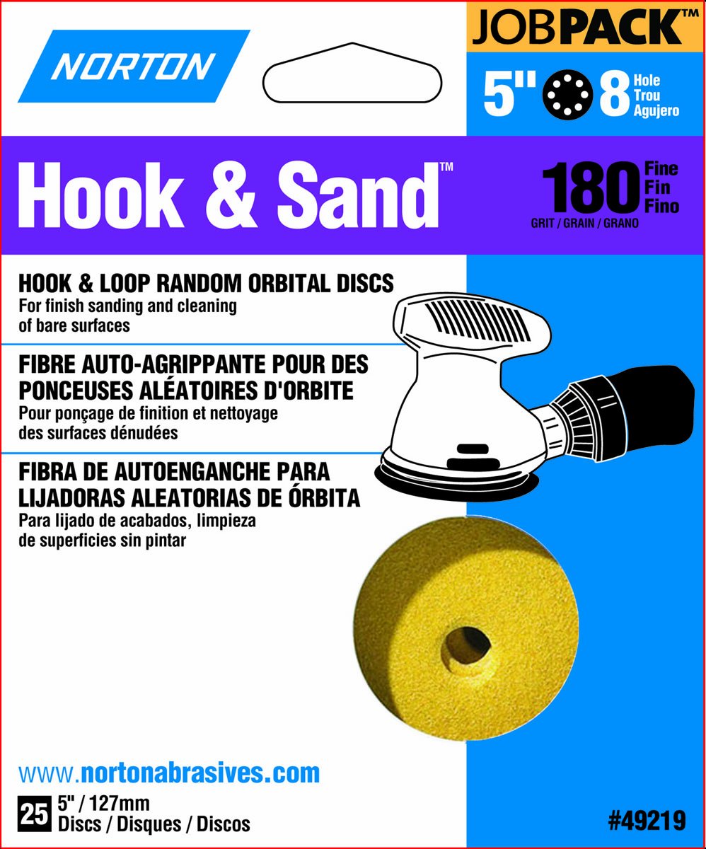 BRAND, CATEGORY, HOOK & LOOP DISCS, NORTON, 5" Norton 49219 8 Hole Hook & Sand Sanding Disc P180-Grit Job-Pack