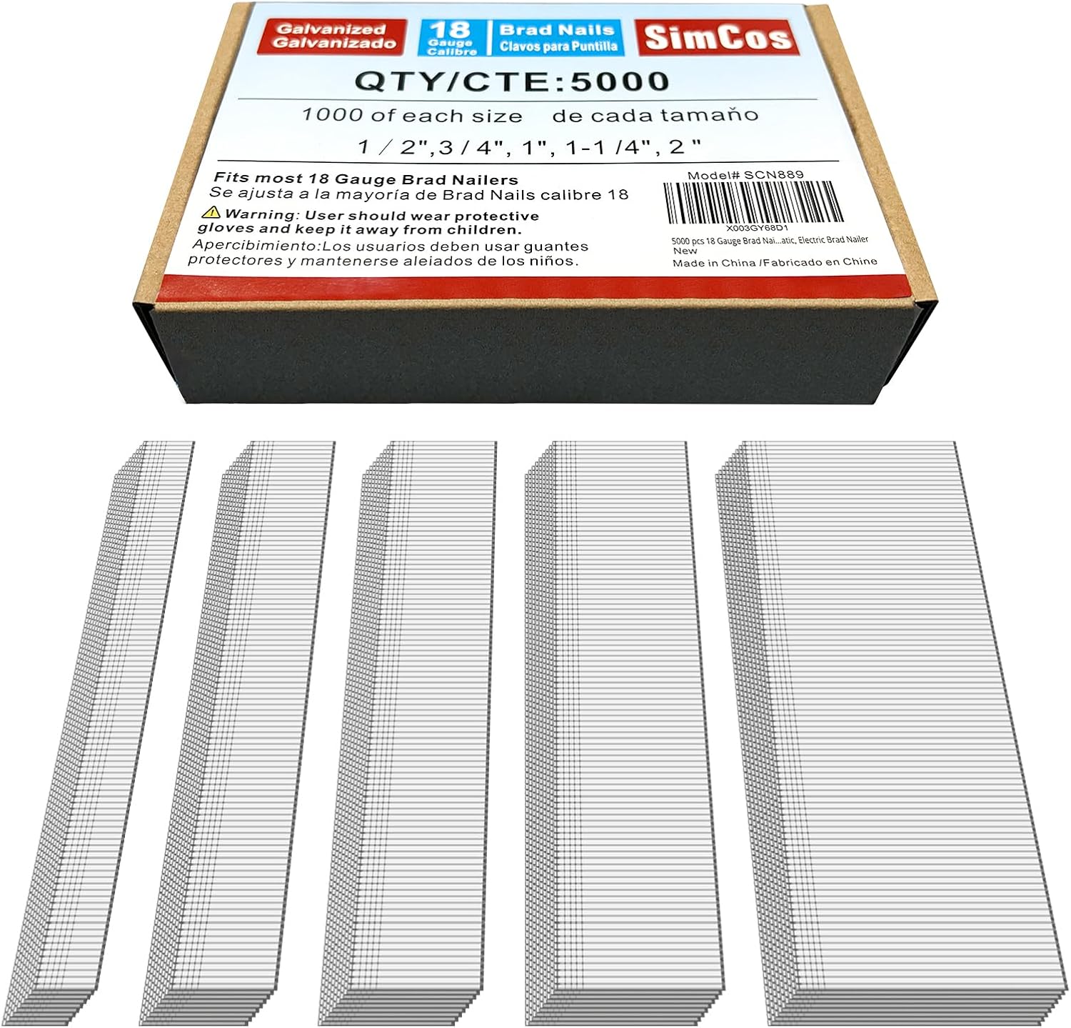 BRAD NAILS, BRAND, CATEGORY, SIMCOS, 5000 pcs 18 Gauge Brad Nails (1/2",3/4",1",1-1/4",2") Galvanized 18 GA Nail Gun Nails Assorted and Small Finishing Nails for Pneumatic, Electric Brad Nailer (package may be changed)