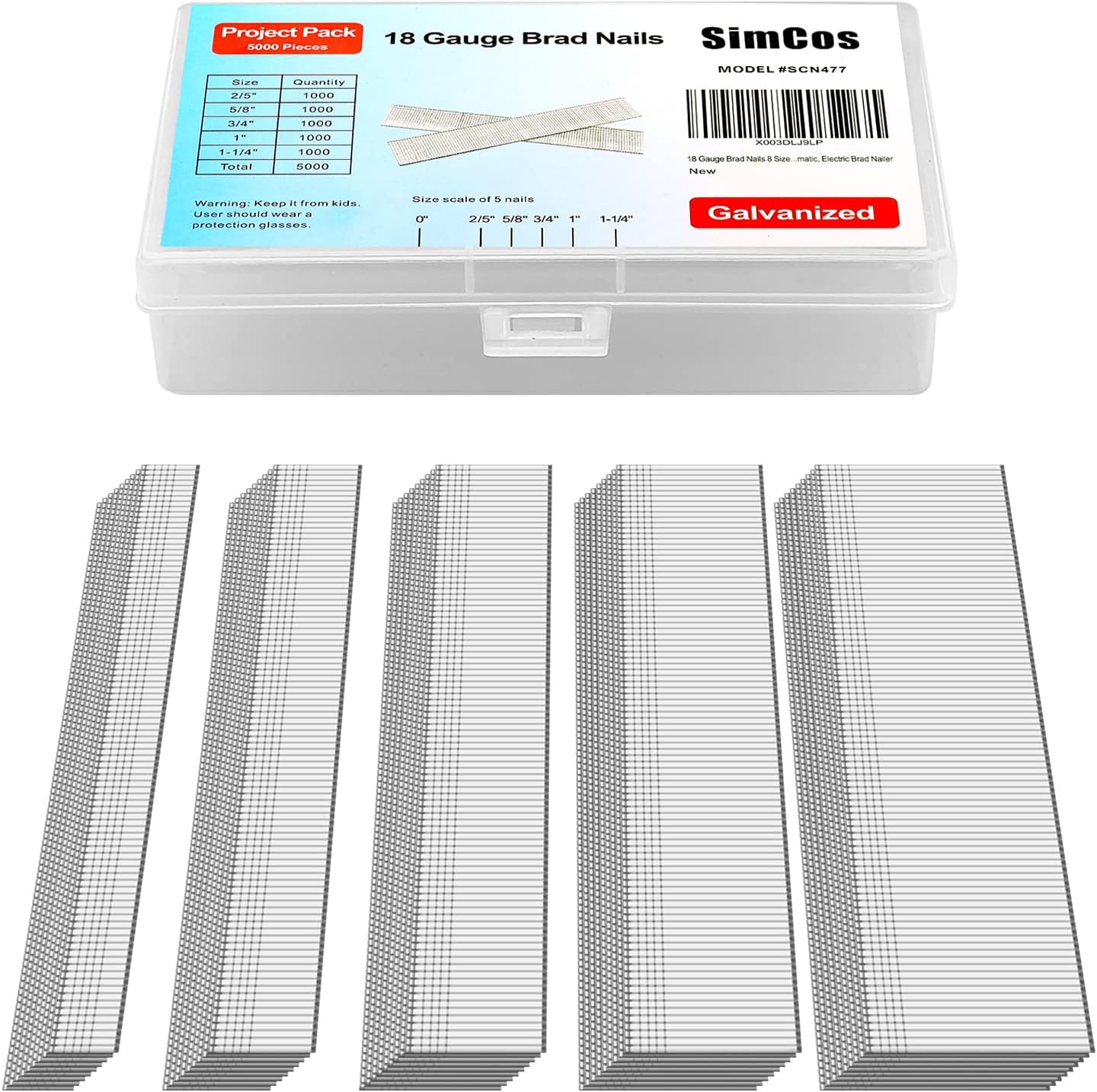 BRAD NAILS, BRAND, CATEGORY, SIMCOS, 5000 pcs 18 Gauge Brad Nails (2/5",5/8",3/4",1",1-1/4 inch) Galvanized 18 GA Nail Gun Nails Assorted and Small Finishing Nails for Pneumatic, Electric Brad Nailer(two kinds of package box)