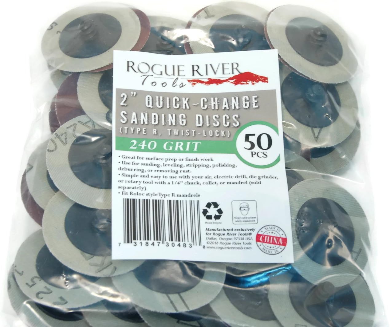 BRAND, CATEGORY, QUICK CHANGE DISCS, ROGUE RIVER TOOLS, (50pc) Rogue River Tools 2" Quick-Change Sanding Discs (Type - R) (240 Grit)