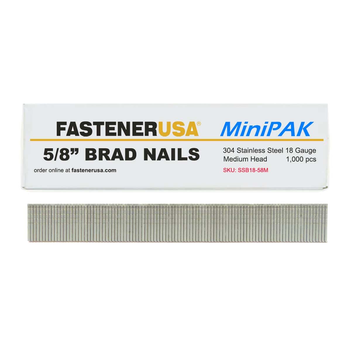 BRAD NAILS, BRAND, CATEGORY, FASTENERUSA, 5/8" BRAD NAILS 18GA 304SS 1,000ct | SSB18-58M