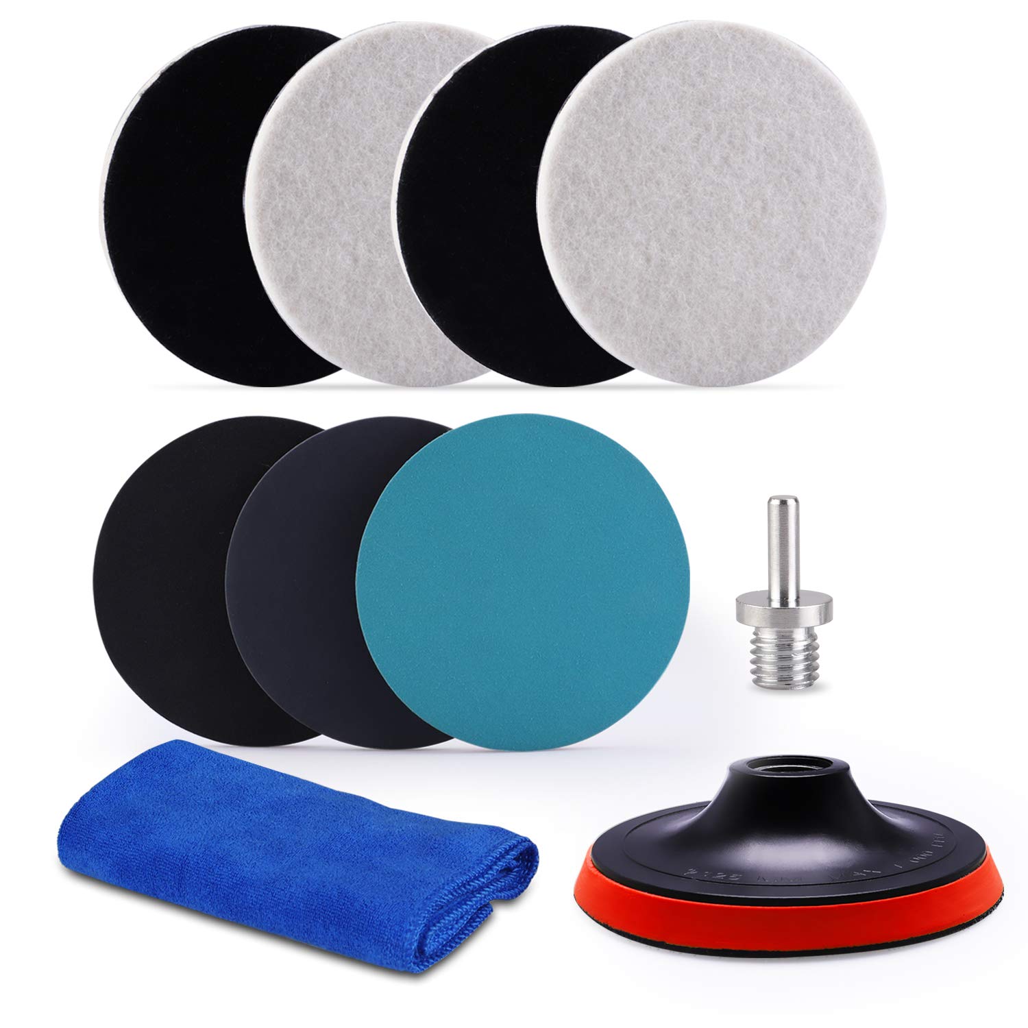 BRAND, BUFFING WHEELS, CATEGORY, ZFE, 5Inch Glass polishing Pads, 10Pcs Wool Felt Disc Glass Polishing Kit Buffing Pads Sanding Discs with Backing Pad and M14 Drill Adapter for Rotary Tools Polish Glass and Metal