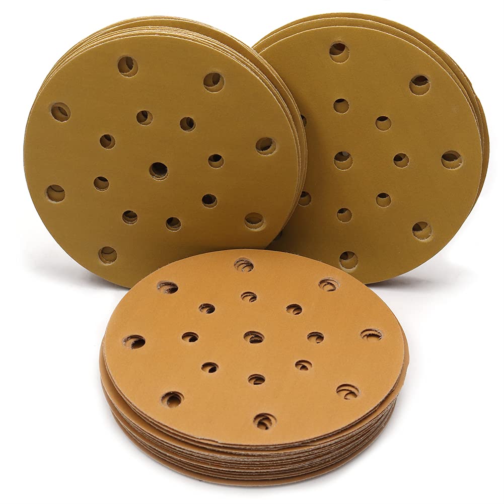 BRAND, CATEGORY, HOOK & LOOP DISCS, MAXMAN, 6 Inch Gold Sanding Discs 50 Pcs,17 Hole Dustless Orbital Sander Pads, Premium Aluminum Oxide Abrasive Flocking Hook & Loop Backing Wet Dry 800 Grit Sandpaper for Wood, Metal, Auto Sanding Polishing