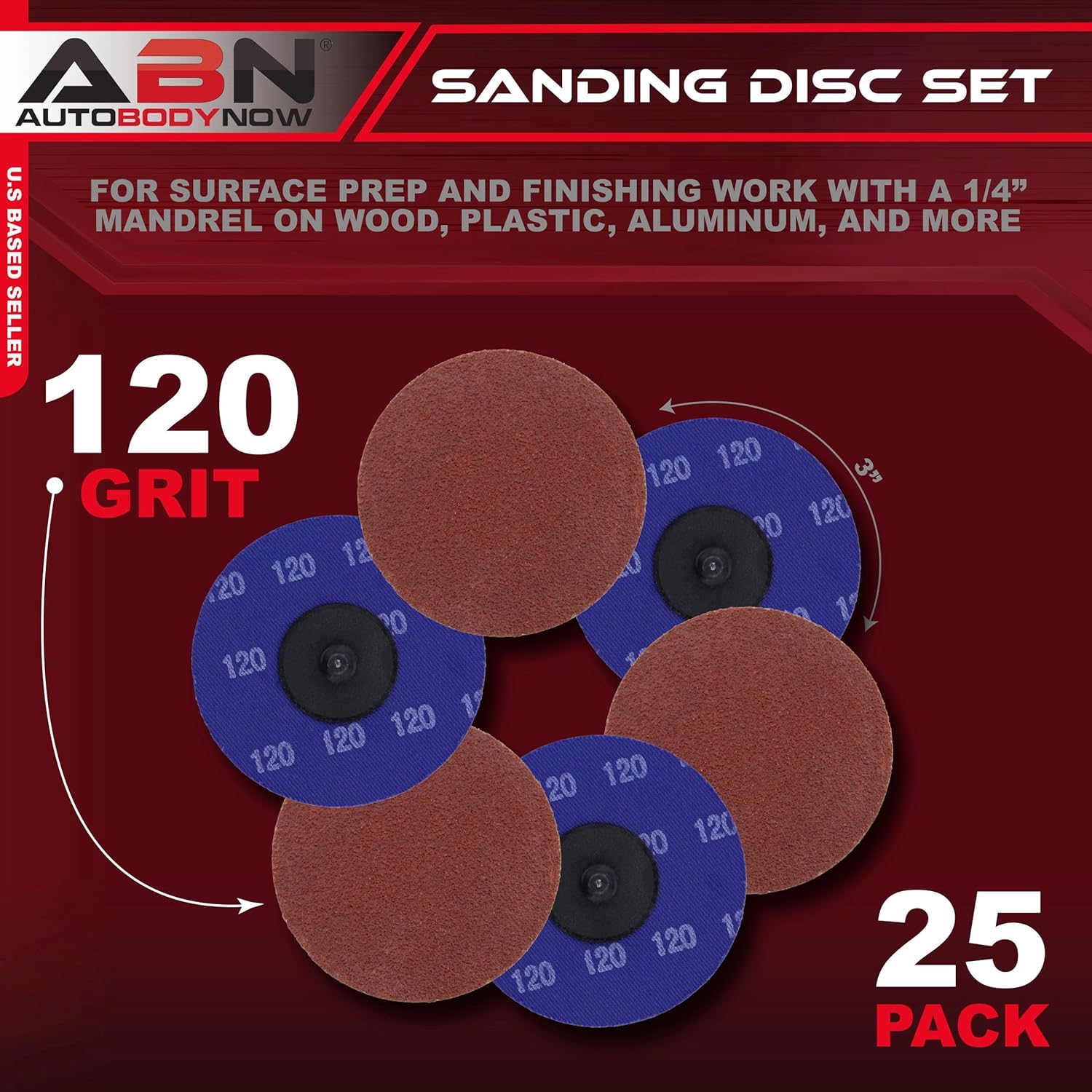 ABN, BRAND, CATEGORY, QUICK CHANGE DISCS, ABN Aluminum Oxide Sanding Discs 25-Pack, 3in, 24 Grit - Metal Sanding Wheels for Surface Prep and Finishing Work