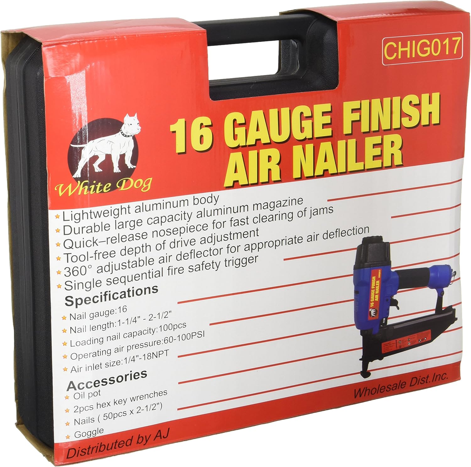 BRAND, CATEGORY, FINISH NAILERS, PIT BULL, AJ Tools CHIG017 5/C 1-1/4"-2-1/2" 16 Gauge Finish Air Nailer