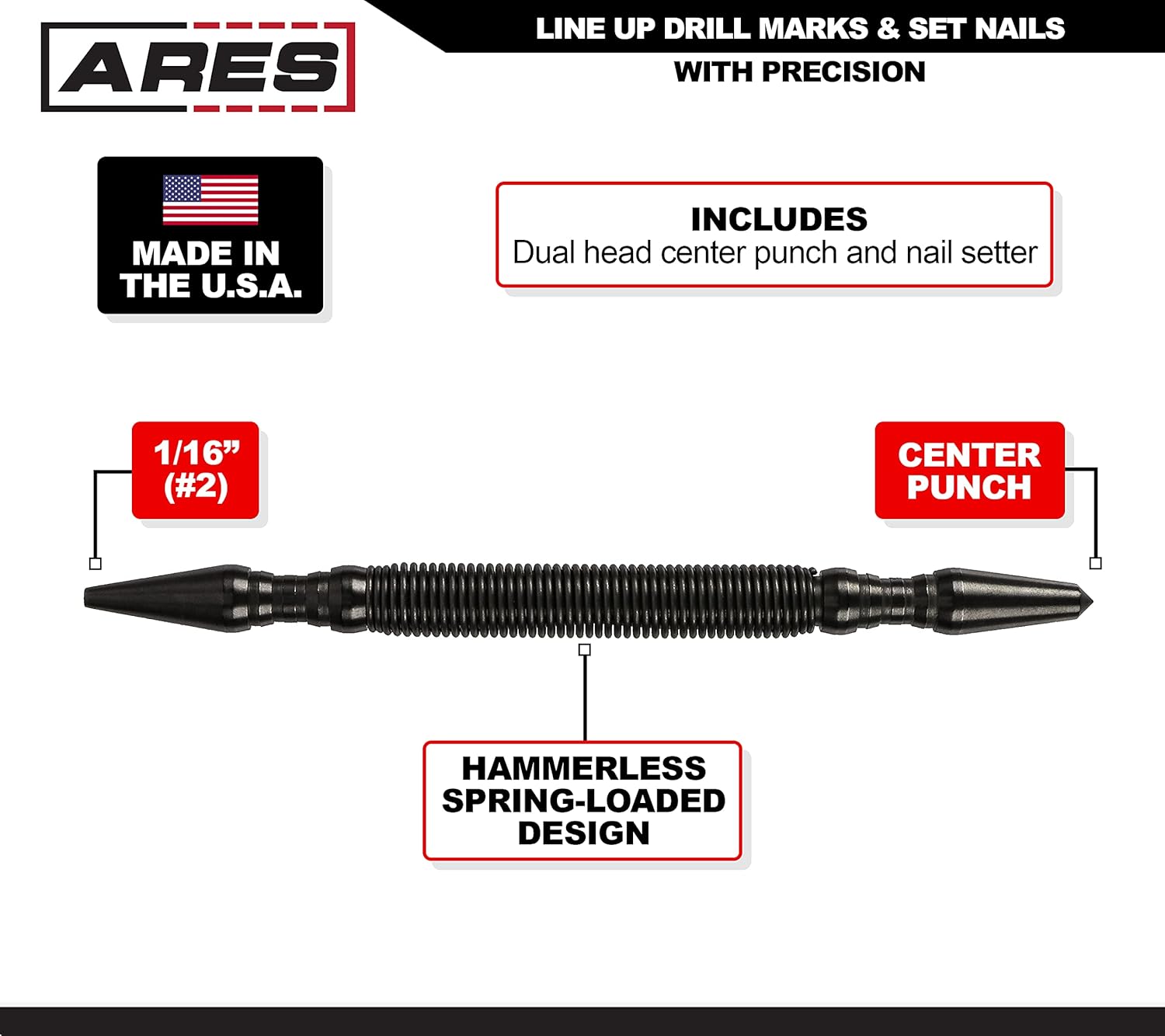 ARES, BRAND, CATEGORY, TOOL SETS, ARES 10051-3-Pack Dual Head Combo Nail Setter - Features 1/32-Inch (#1) and 1/16-Inch (#2) Dual Head Design - 5000 PSI Striking Force