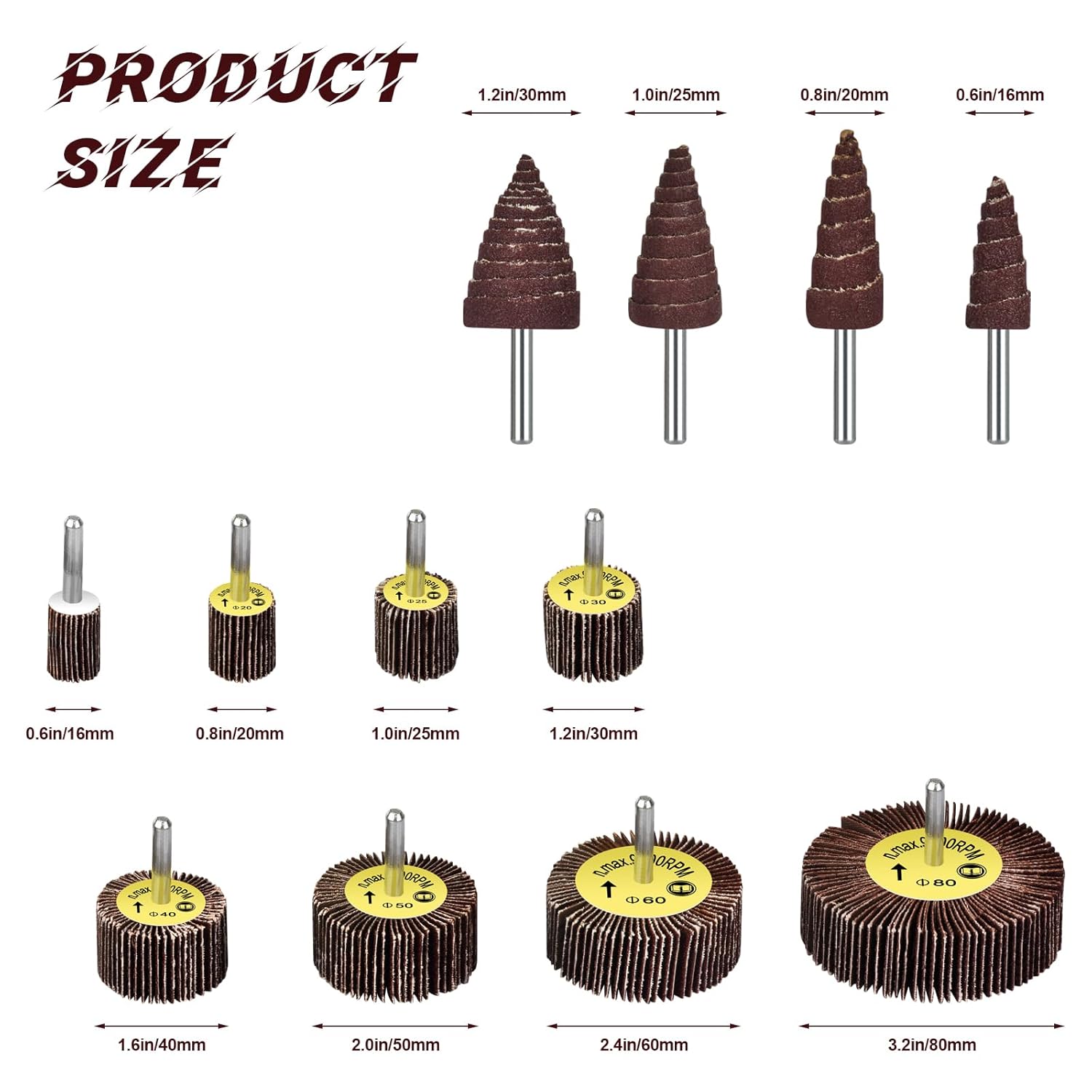 BRAND, CATEGORY, FLAP WHEELS, PALAWAIK, Abrasive Flap Wheel Sander Set - 40 Pack 80 Grit 1/4" Shank Mounted Aluminum Oxide Cone Shape Abrasive Sandpaper Flap Sanding Wheel, Drill Sanding Attachment for Removing Rust and Polishing