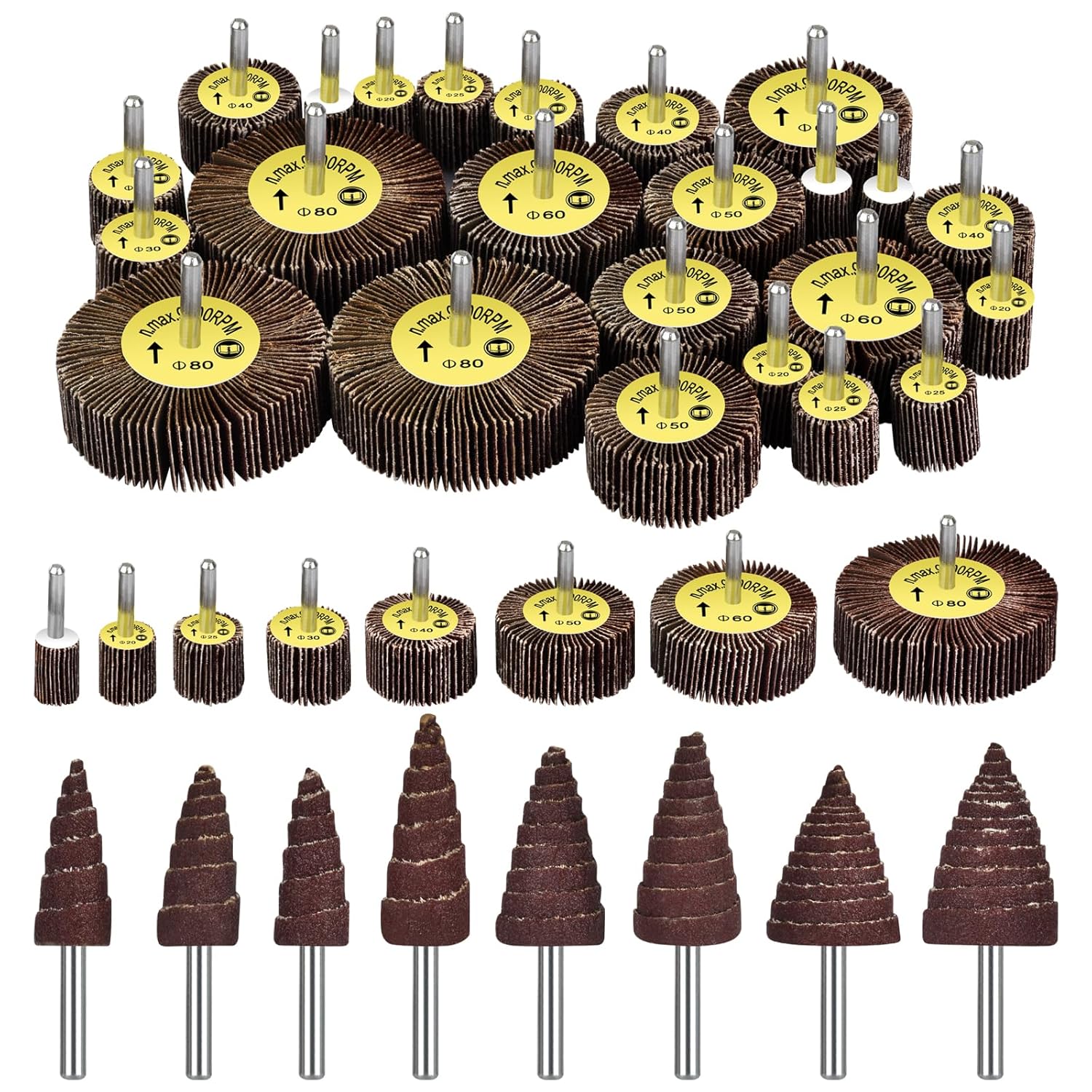 BRAND, CATEGORY, FLAP WHEELS, PALAWAIK, Abrasive Flap Wheel Sander Set - 40 Pack 80 Grit 1/4" Shank Mounted Aluminum Oxide Cone Shape Abrasive Sandpaper Flap Sanding Wheel, Drill Sanding Attachment for Removing Rust and Polishing