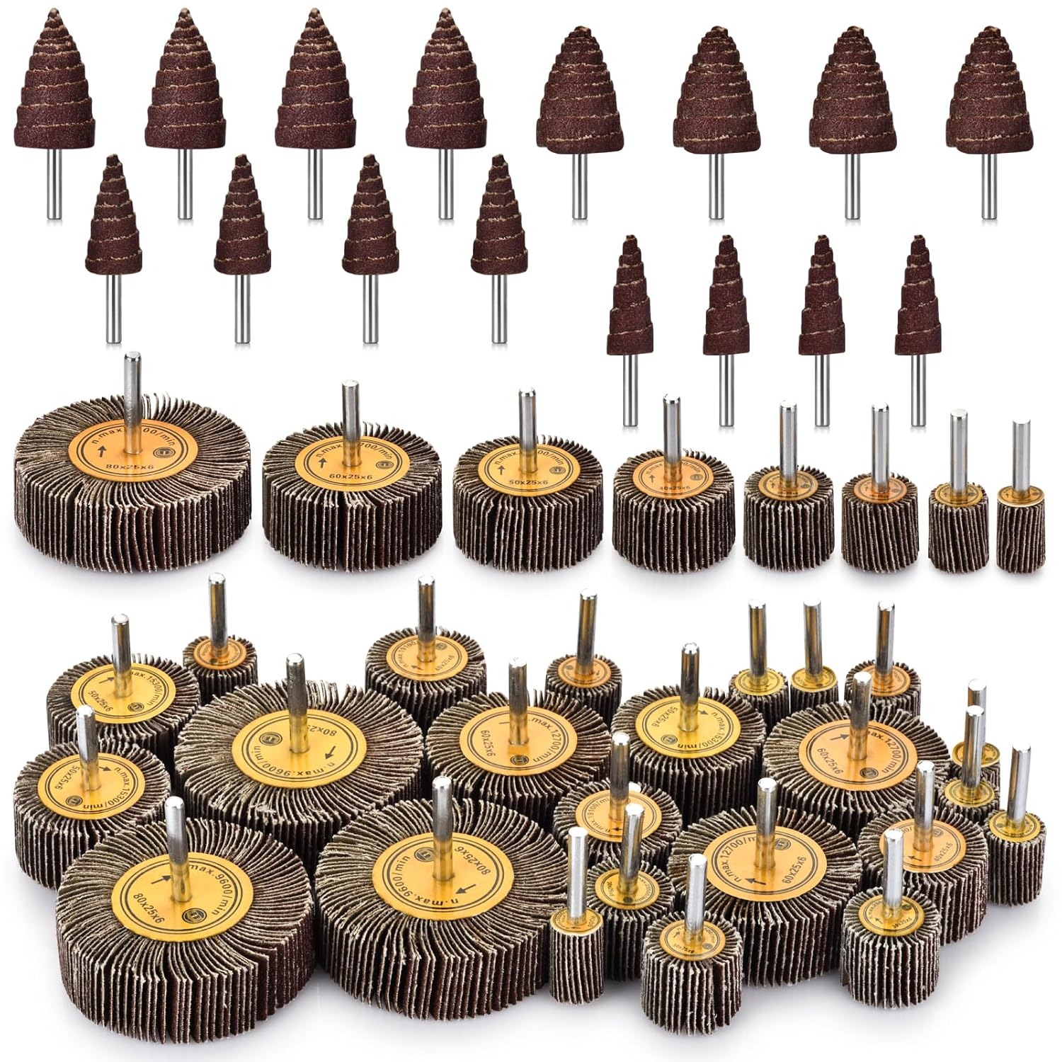 BRAND, CATEGORY, FLAP WHEELS, PHNTAKE, Abrasive Flap Wheel Sander Set, 48 Pcs Drill Sanding Attachment, 80 Grit Flap Wheel for Die Grinder, 1/4" Shank Aluminum Oxide Cone Shape Abrasive Sandpaper Flap Sanding Wheel for Remove Rust