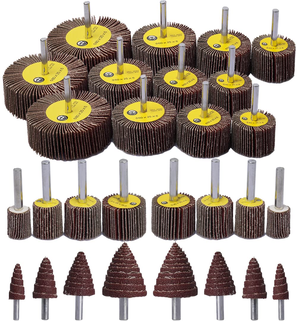 BRAND, CATEGORY, FLAP WHEELS, IELEK, Abrasive Flap Wheel Sander Set,28 Pack 80 Grit 1/4" Shank Mounted Aluminum Oxide Cone Shape Abrasive Sandpaper Flap Sanding Wheel for Removing Rust and Polishing