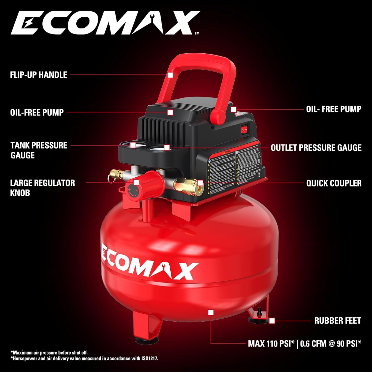 BRAND, CATEGORY, ECOMAX, PORTABLE AIR COMPRESSORS, Air Compressor 3 Gallon Portable Pancake Tank Oil-free, 110 PSI MAX Pressure and 1/3 HP for Car and Bike Tires, Nail Gun, and Pneumatic Tools, Garage, Shop or Mechanic Accessories