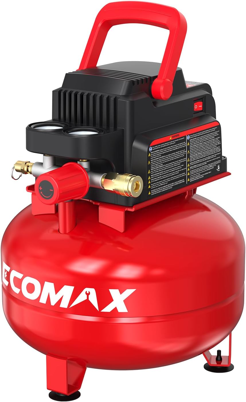 BRAND, CATEGORY, ECOMAX, PORTABLE AIR COMPRESSORS, Air Compressor 3 Gallon Portable Pancake Tank Oil-free, 110 PSI MAX Pressure and 1/3 HP for Car and Bike Tires, Nail Gun, and Pneumatic Tools, Garage, Shop or Mechanic Accessories