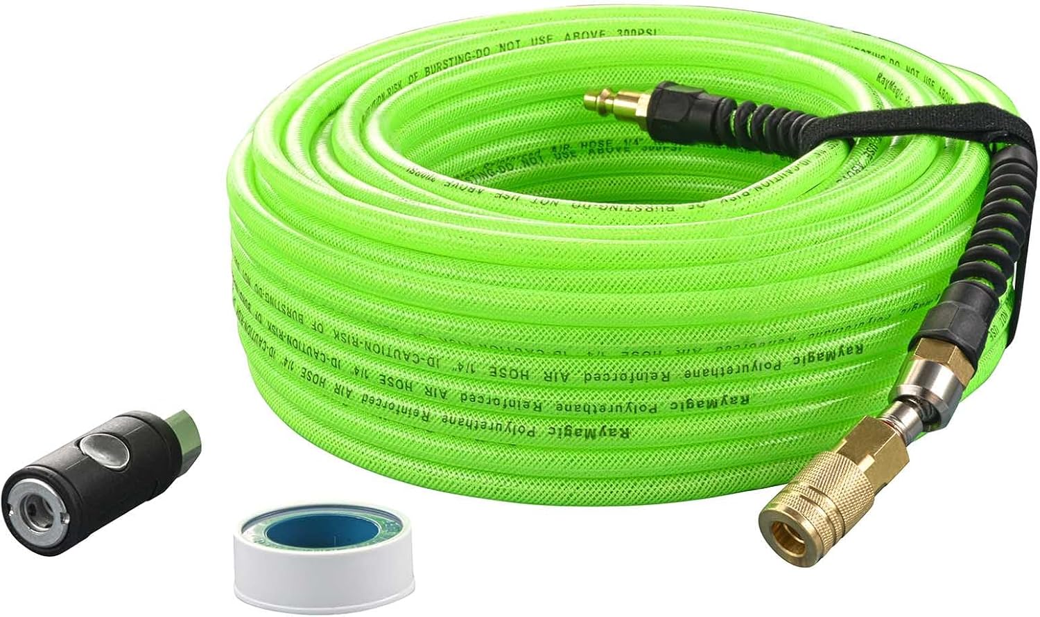 BRAND, CATEGORY, HOSES, RAYMAGIC, Air Compressor Hose 1/4 Inch x 100 Feet Flexible Reinforced Polyurethane (PU) Air Hose 300PSI with Brass Fittings, Strain Reliefs, 1/4" 360 Swivel Coupler and Plug,1PCS Hook For Nailer