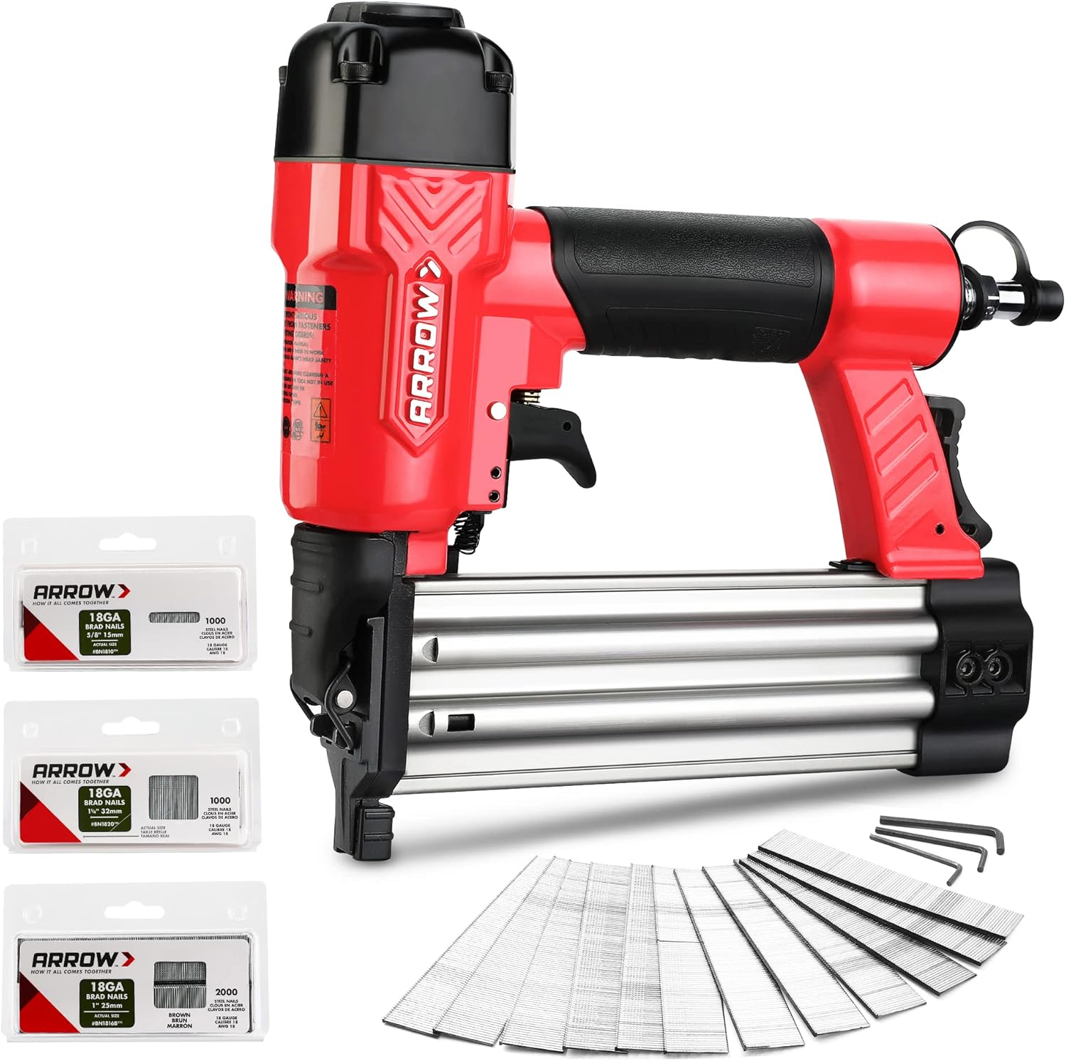 ARROW, BRAD NAILERS, BRAND, CATEGORY, Arrow 18 Gauge Pneumatic Brad Nailer, Oil-Free Upholstery Nail Gun with 4000 Pieces 5/8 '', 1 '', 1-1/4 '' Nails, Adjustable Exhaust, for Woodworking, Professional and DIY Projects, PT18G