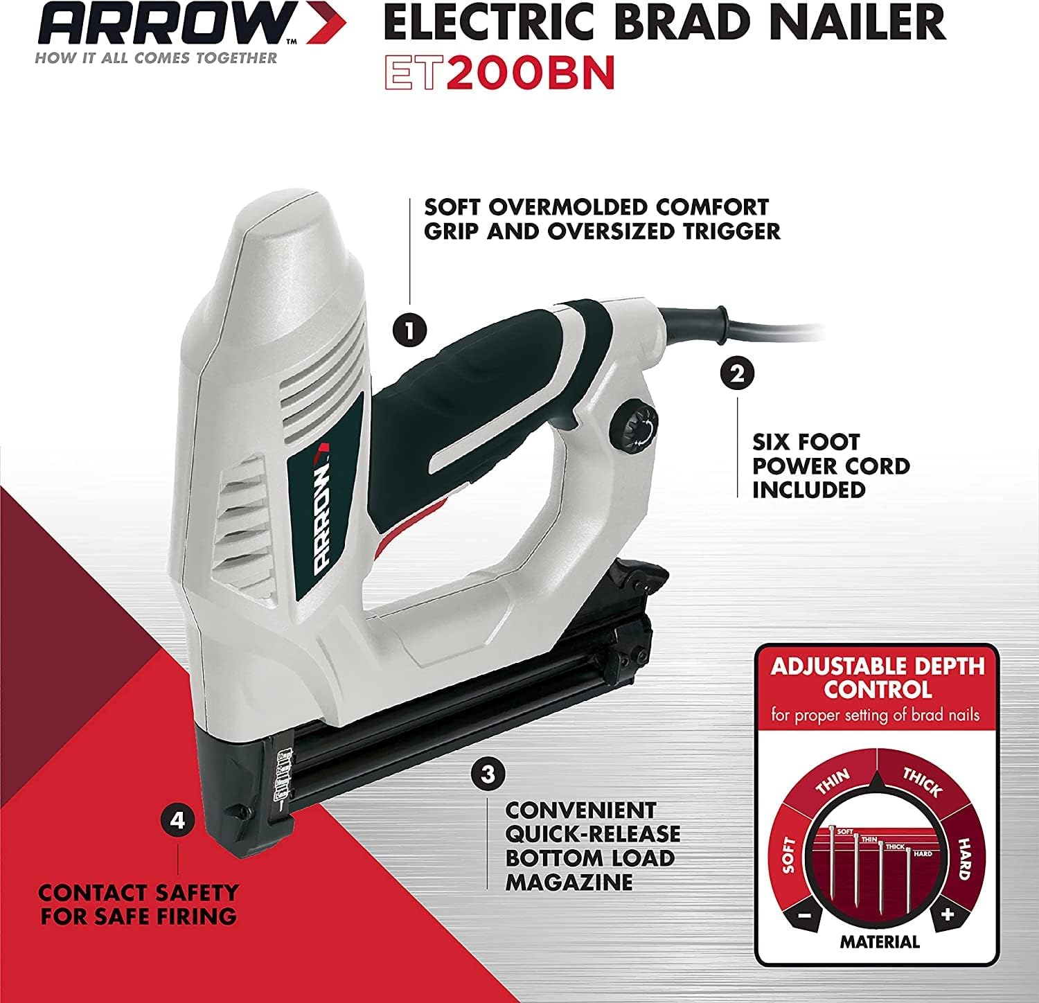 ARROW, BRAD NAILERS, BRAND, CATEGORY, Arrow ET200BN Heavy Duty Electric Brad Nailer, Professional Nail Gun for Trim, Picture Frames, Crafts, Fencing, Uses Brad Nails in 5/8-Inch, 3/4-Inch, 1-Inch, and 1-1/4-Inch