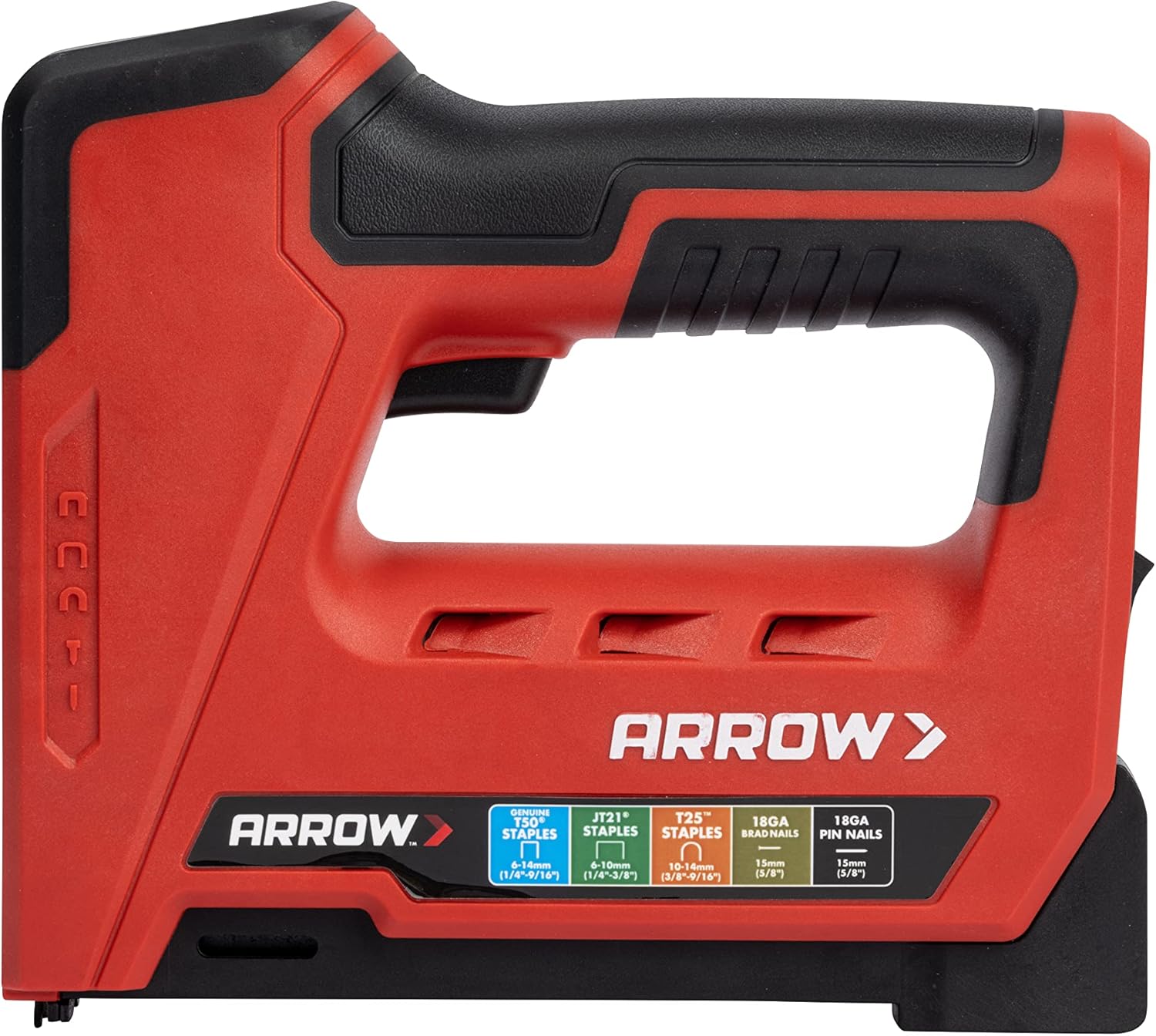 ARROW, BRAND, CATEGORY, STAPLERS & TACKERS, Arrow ET501C Cordless 5-In-1 Professional Staple and Nail Gun, Battery Powered Wire Stapler and Brad Nailer for Upholstery, Framing, Roofing, Crafts, Fencing, Cable, Black/Red