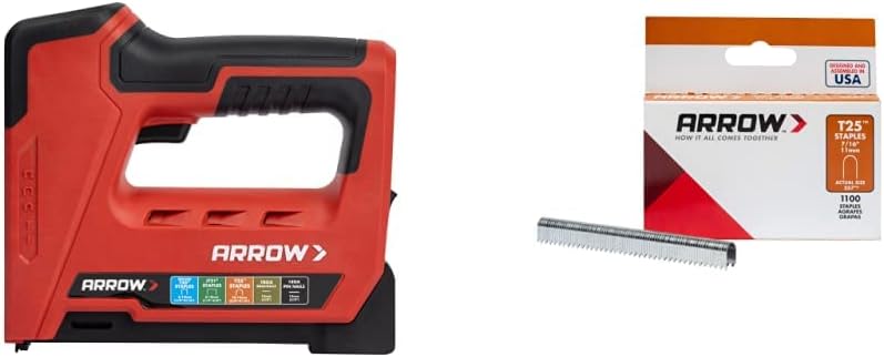 ARROW, BRAND, CATEGORY, STAPLERS & TACKERS, Arrow ET501C Cordless 5-In-1 Professional Staple and Nail Gun, Battery Powered Wire Stapler and Brad Nailer for Upholstery, Framing, Roofing, Crafts, Fencing, Cable, Black/Red