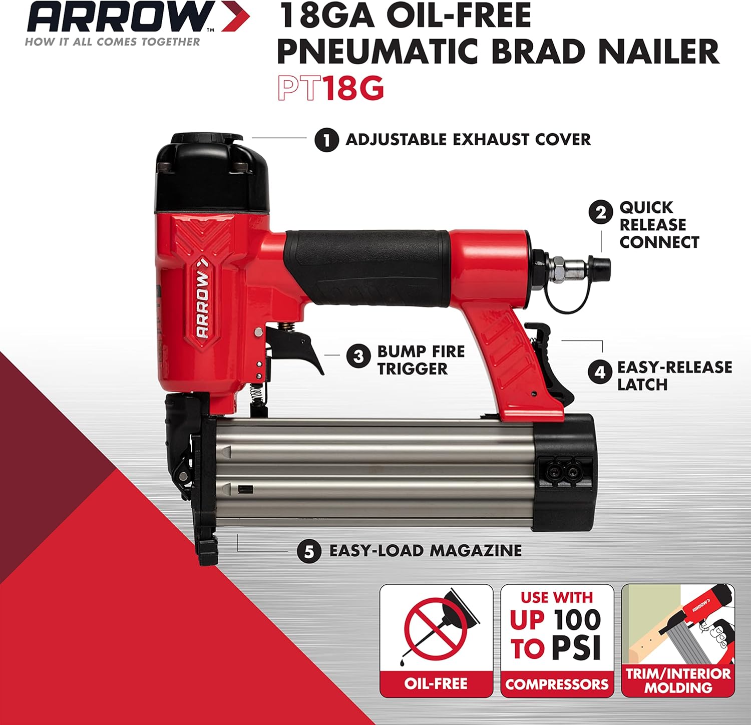 ARROW, BRAD NAILERS, BRAND, CATEGORY, Arrow PT18G Gauge Oil-Free Pneumatic Brad Nailer - Small Light Trim and Interior Molding Work, Operates Up to 100psi Compression Unit, Fits 5/8", 3/4", 1", 1.5", 2" Brad Nails