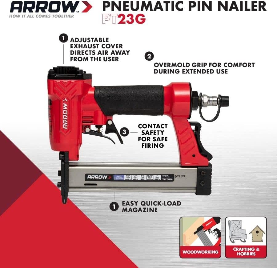 ARROW, BRAND, CATEGORY, PINNERS, Arrow PT23G 23 Gauge Compact Pneumatic Pin Nail Gun, Oil-Free, Fits 3/8”, 1/2”, 5/8”, 13/16” and 1” Nails