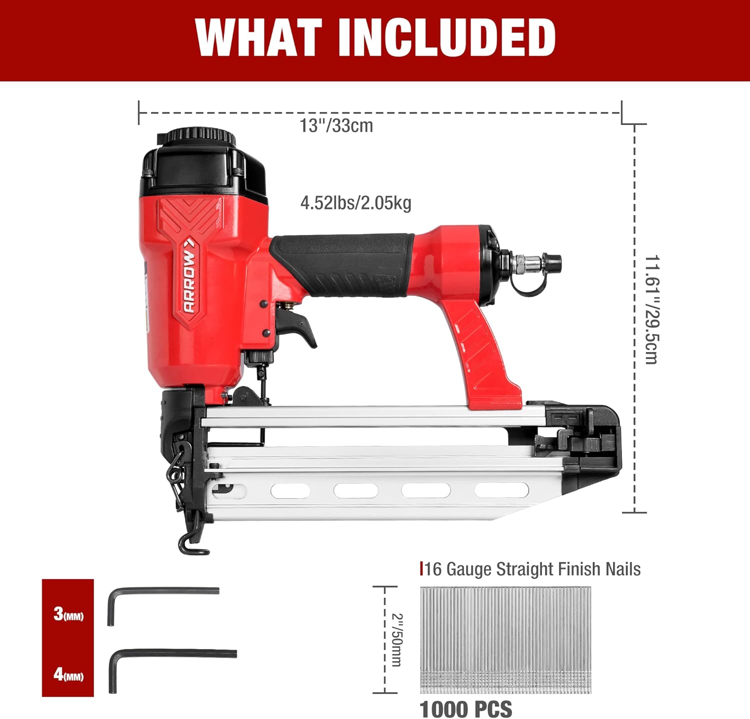 ARROW, BRAND, CATEGORY, FINISH NAILERS, Arrow Pneumatic 16 Gauge Finish Nailer with 1000 Pcs Nails, 16 GA Professional Straight Nail Gun Kit, Oil-free Design, Depth Adjustable, Dryfire-lockout, Fits 1-1/4-Inch to 2-1/2-Inch Finish Nails