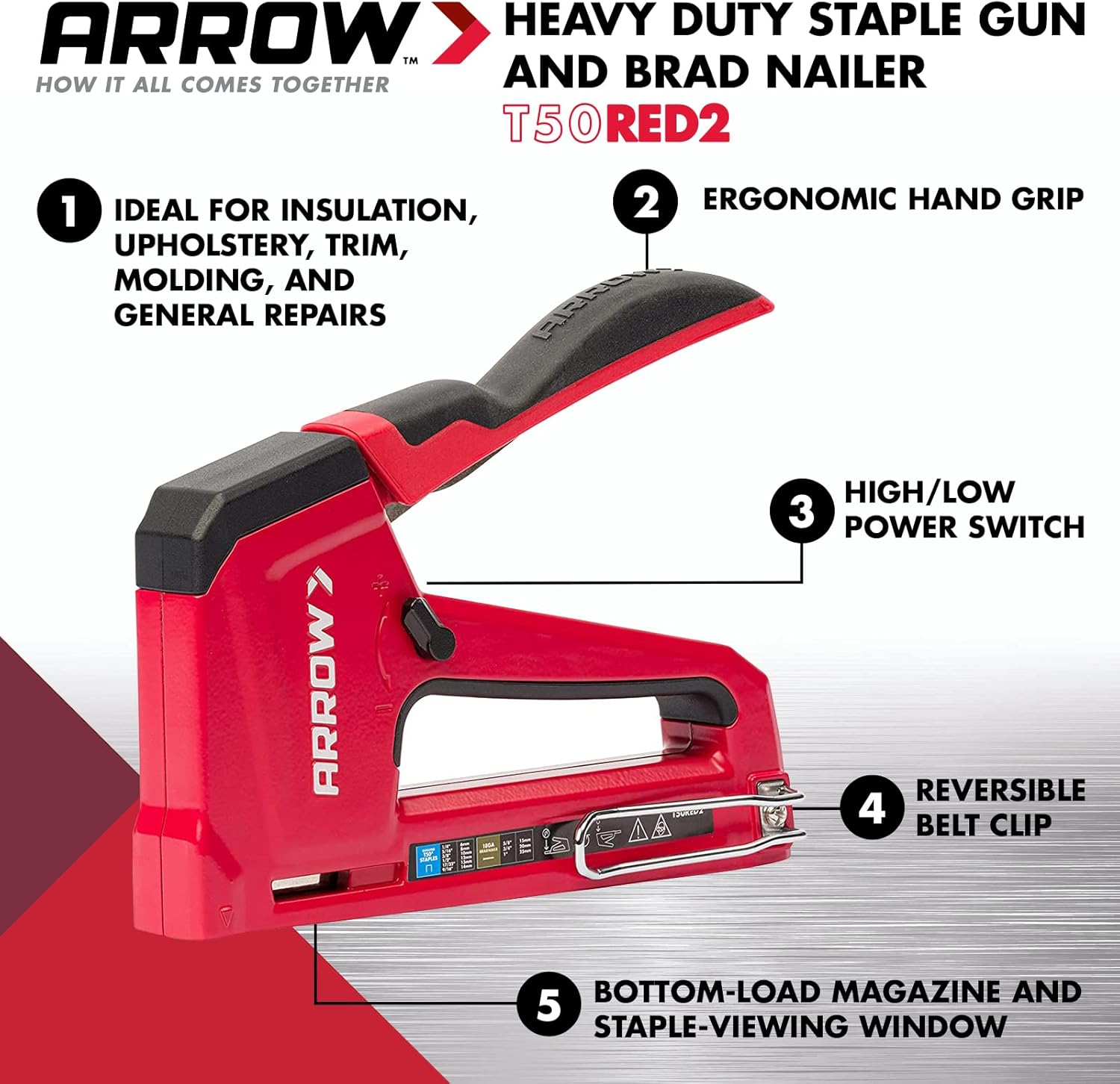 ARROW, BRAND, CATEGORY, STAPLERS & TACKERS, Arrow T50RED2 Heavy Duty Manual 2-in-1 Staple Gun and Brad Nailer for Upholstery, Framing, Insulation, Crafts, and Furniture, Red