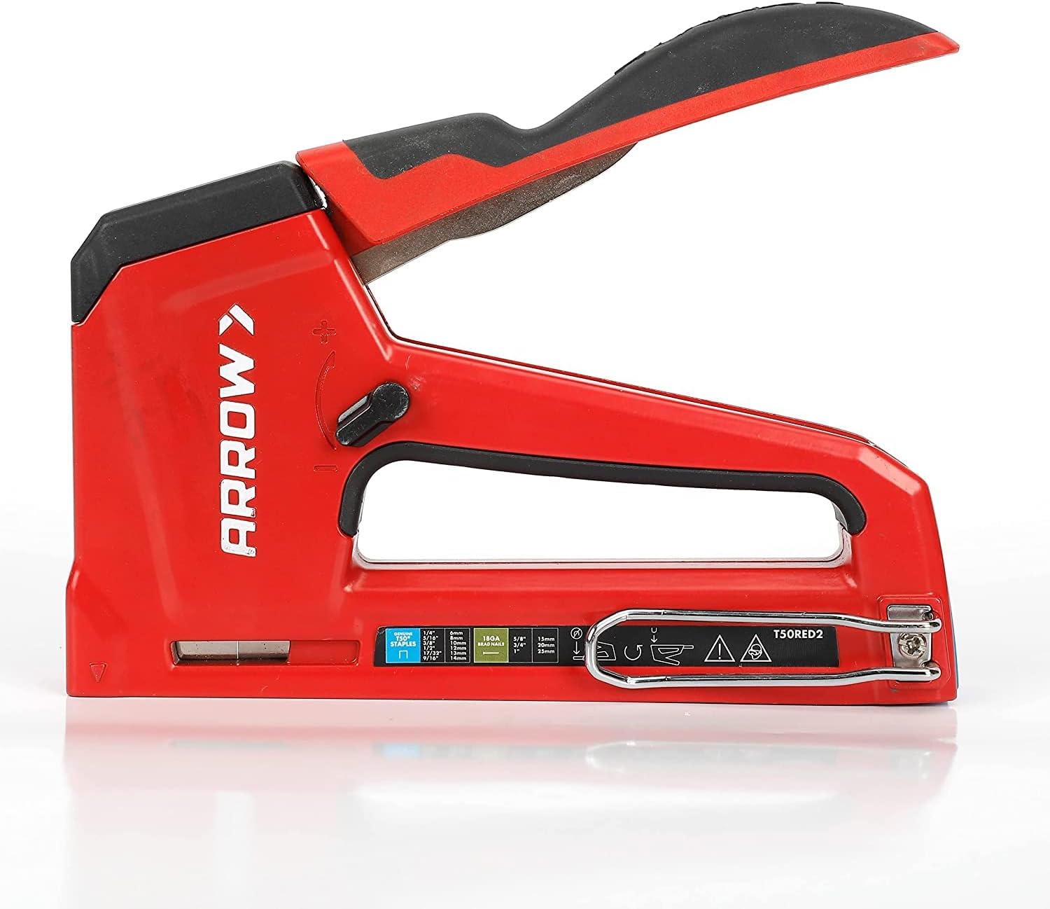 ARROW, BRAND, CATEGORY, STAPLERS & TACKERS, Arrow T50RED2 Heavy Duty Manual 2-in-1 Staple Gun and Brad Nailer for Upholstery, Framing, Insulation, Crafts, and Furniture, Red