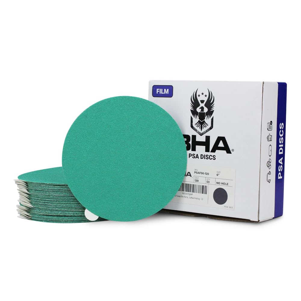 BHA, BRAND, CATEGORY, PSA DISCS, BHA 6” Green Film PSA Self Adhesive Sanding Discs - 50 Pack - Wet/Dry, Sticky Back, Premium Aluminum Oxide for Long-Lasting, Low-Dust & Load Resistant Sanding and Surface Finishing - 1500 Grits