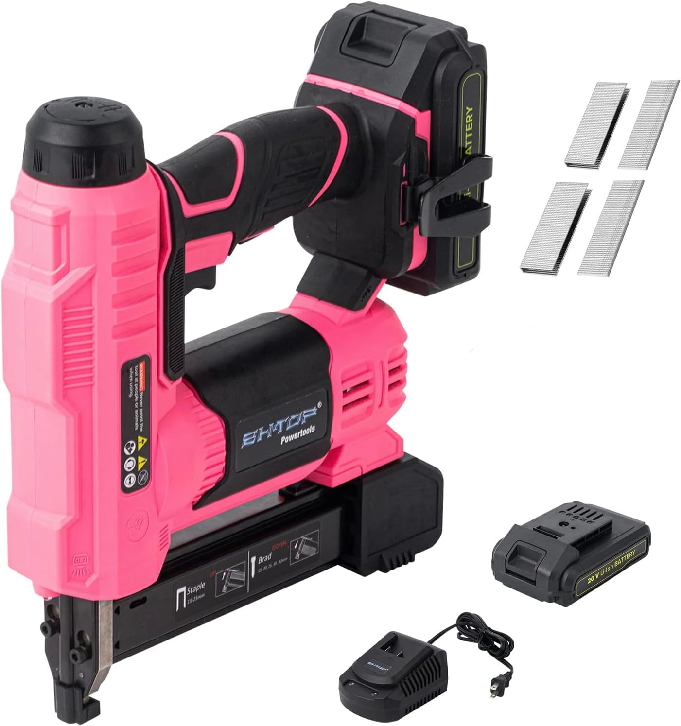 BHTOP, BRAD NAILERS, BRAND, CATEGORY, BHTOP 20V Cordless Brad Nailer＆Stapler, 18 Gauge 2 in 1 Stapler Kit, Heavy Finish Nail Gun with 2.0A Rechargeable Battery, Charger, 2500 Brad Nails and 500 Staples in Pink