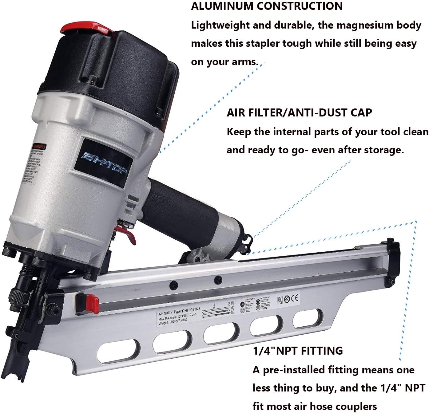 BHTOP, BRAND, CATEGORY, FRAMING NAILERS, BHTOP 9021NS Framing Nailer 21 Degree 3-1/2" with Depth Adjustment Professional Air Nail Gun