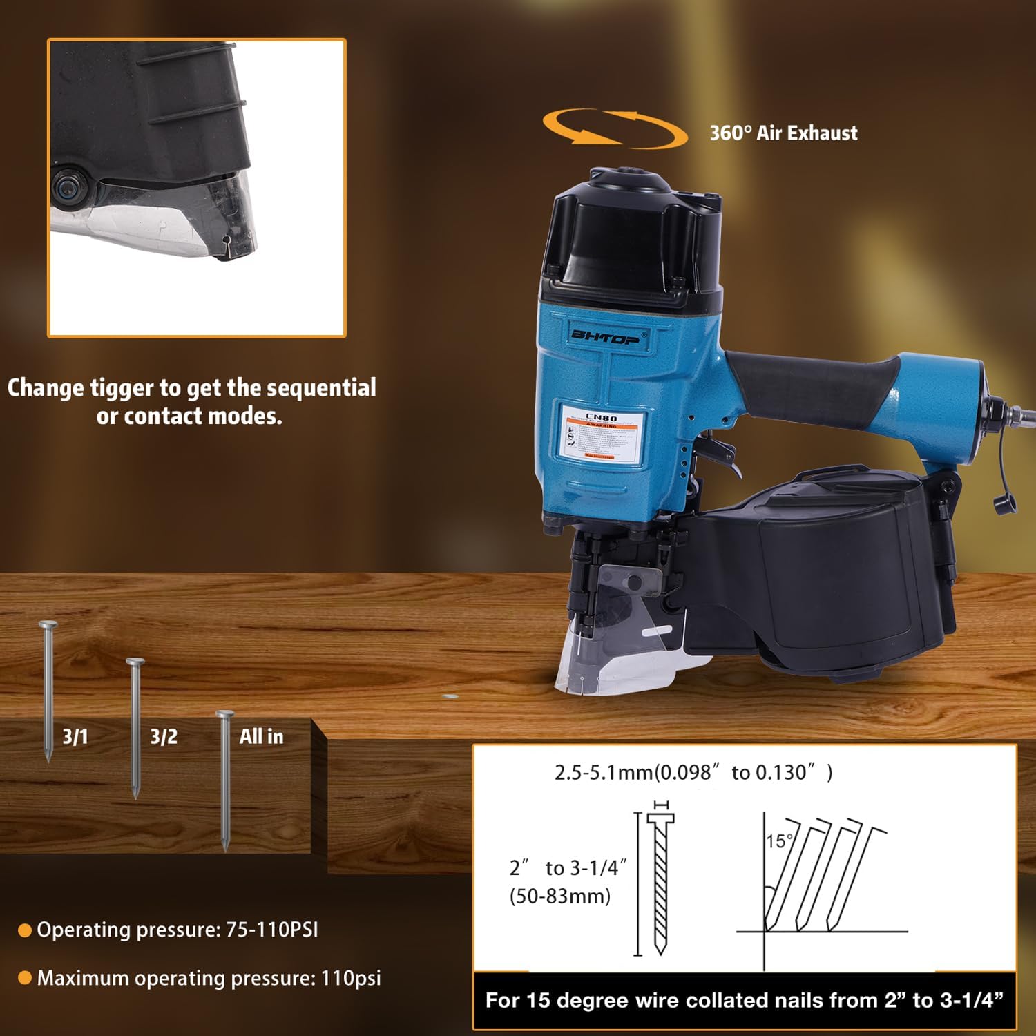 BHTOP, BRAND, CATEGORY, FRAMING NAILERS, BHTOP CN80 Coil Siding Nailer, 15 Degree Air Coil Nail Gun, 2 inch to 3-1/4-inch Coil Framing Nailer for Siding Sheathing Wooding Fencing Decking