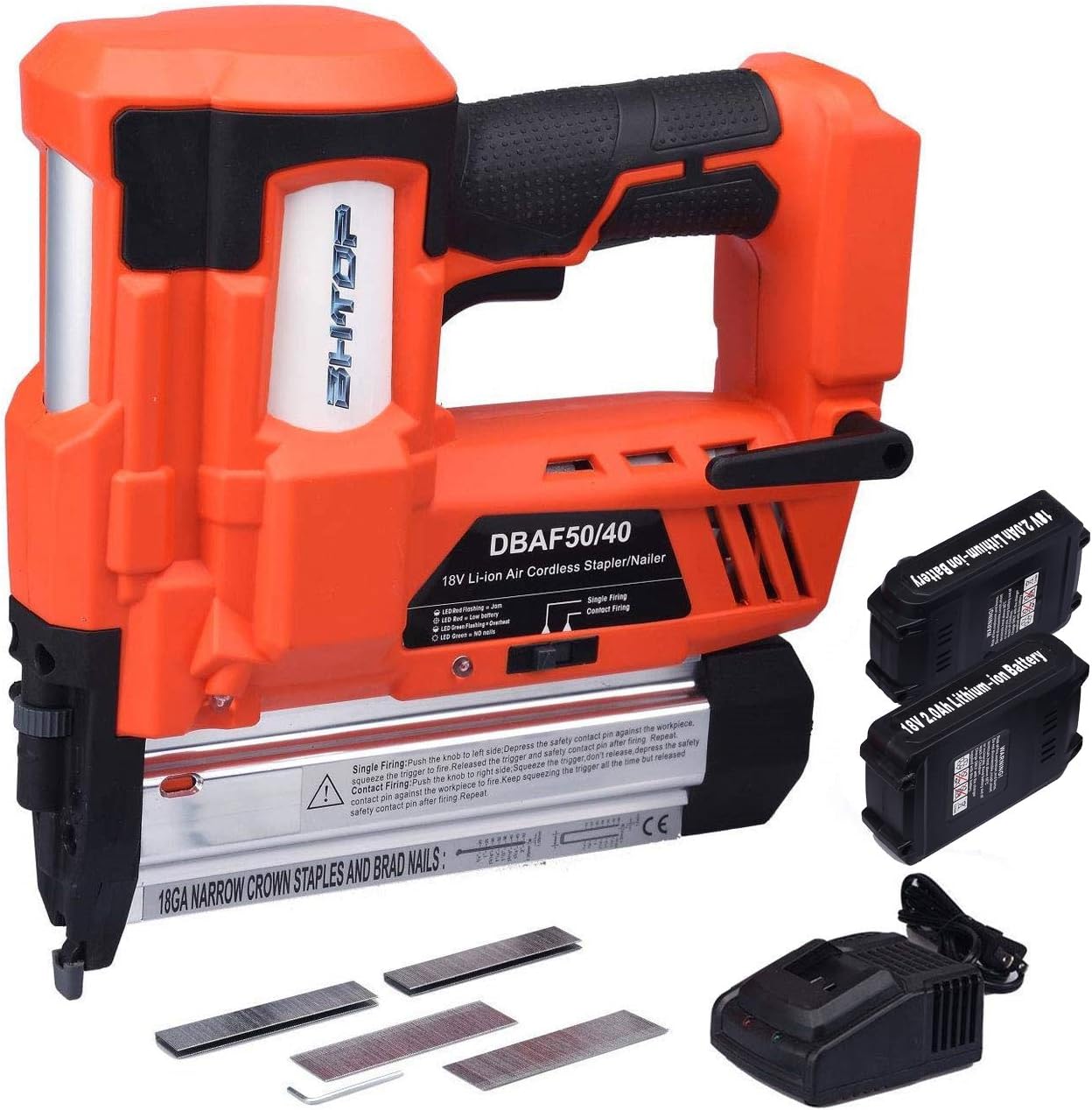 BHTOP, BRAD NAILERS, BRAND, CATEGORY, BHTOP Cordless Nailer & Stapler- 2 in 1 18Ga Heavy Tool with 18Volt 2Ah Lithium-ion Rechargeable Battery Air Cylinder Power Nail Gun 2 Batteries