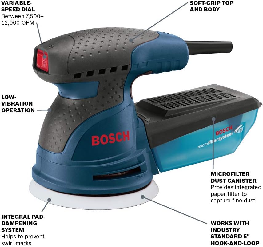 BOSCH, BRAND, CATEGORY, RANDOM-ORBIT SANDERS, BOSCH ROS20VSC Palm Sander 2.5 Amp 5 Inch Corded Variable Speed Random Orbital Sander, Polisher Kit with Dust Collector and Soft Carrying Bag