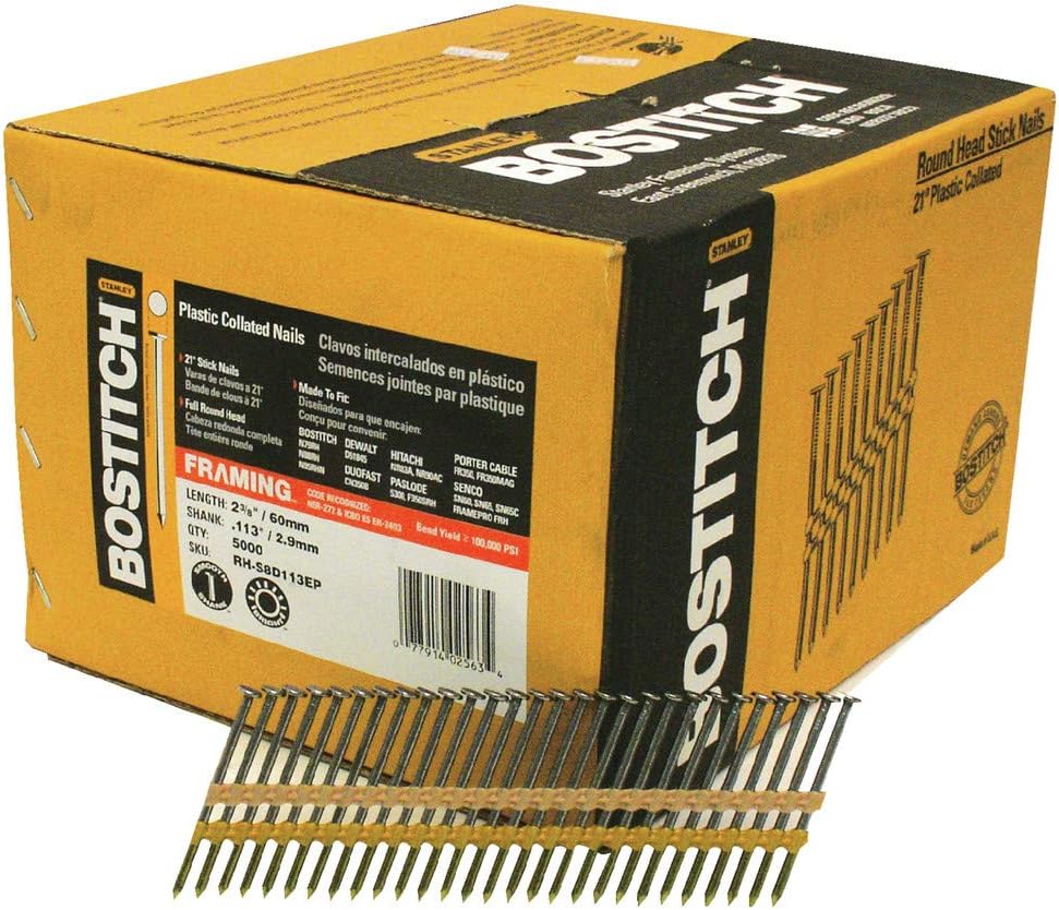 BOSTITCH, BRAND, CATEGORY, FRAMING NAILS, BOSTITCH Framing Nails, Round Head, 2-3/8-Inch x .113-Inch by 21 Degree Plastic Collated, 5,000-Pack (RH-S8D113EP)