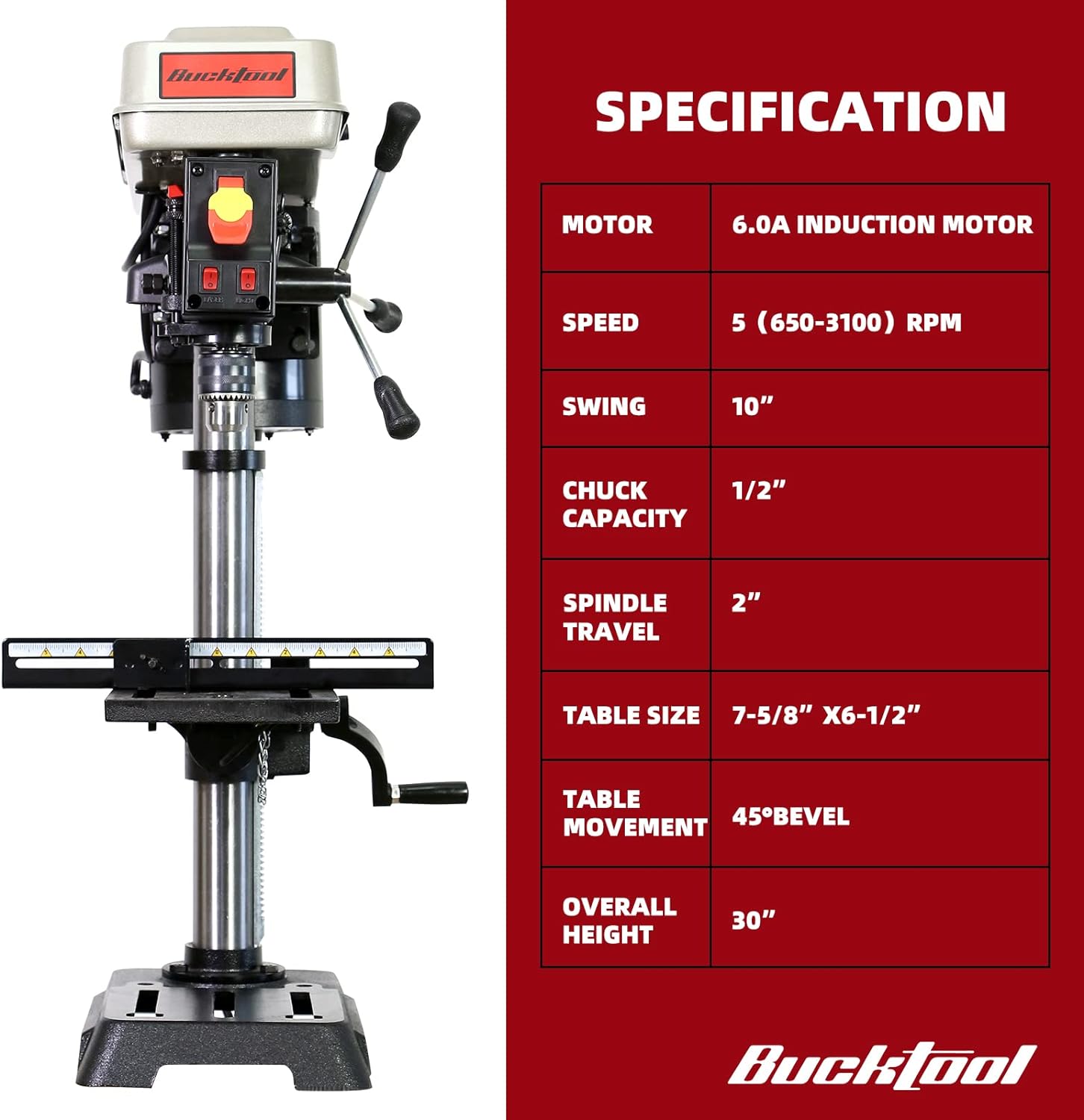 BRAND, BUCKTOOL, CATEGORY, STATIONARY DRILL PRESSES, BUCKTOOL 10-Inch Drill Press 6.0 Amp 3/4 HP Bench Drill Press 5-Speed Benchtop Drilling Machine with LED Work Light