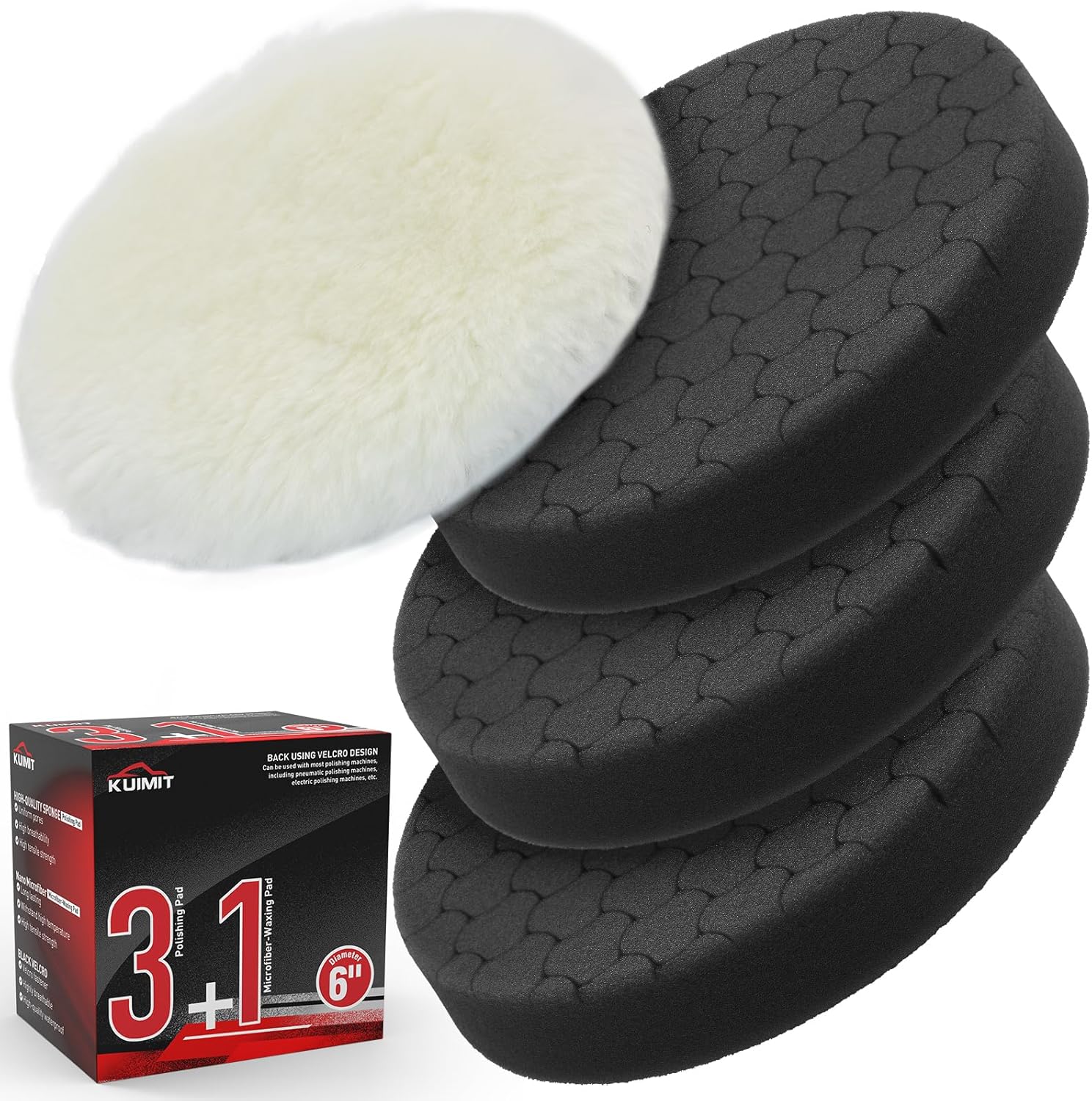 BRAND, BUFFING & POLISHING PADS, CATEGORY, KUIMIT, Black Polish Pad, 3Pcs 6.5 Inch Face for 6 Inch Buffing Polishing Pads and Woolen Pads 150mm Backing Plate Compound Buffing Sponge for Car Buffer Polisher Compounding, Polishing and Waxing