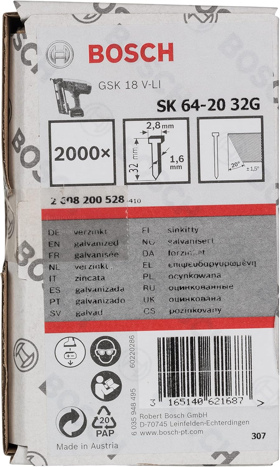 BOSCH, BRAND, CATEGORY, PINNERS, Bosch Professional 2000x Finish Nails SK64 20G (1.6/16 g 20°, 2.8x1.35x32 mm, Galvanised, Accessories for Nail Guns, Pneumatic Nailers)