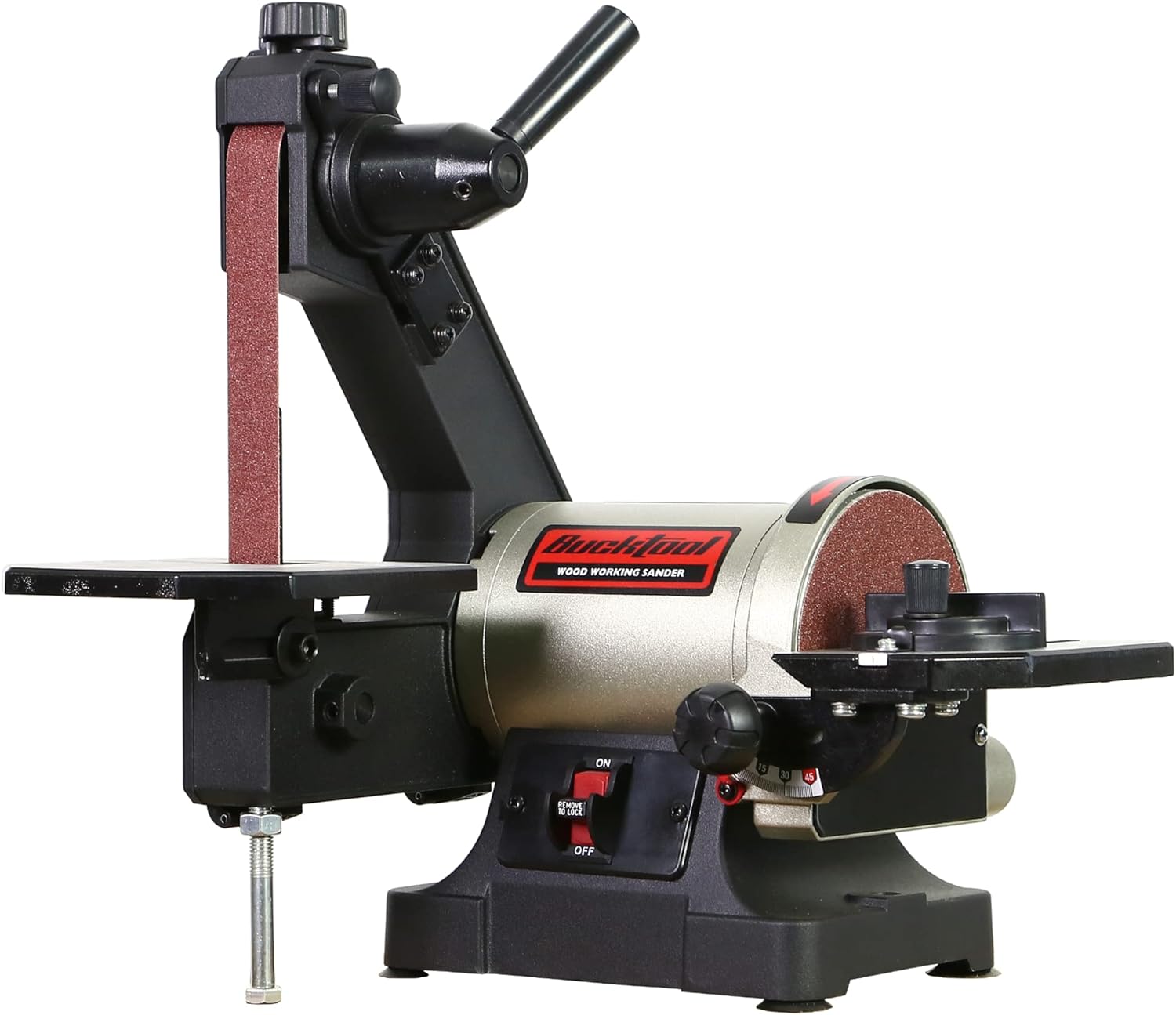 BRAND, BUCKTOOL, CATEGORY, COMBINATION DISC & BELT SANDERS, Bucktool 1x30 Inch Bench Belt Sander with 5 Inch Disc with Wrench Storage and Easy Belt Cover Off, 1/3HP Direct Drive Benchtop Belt Disc Sander