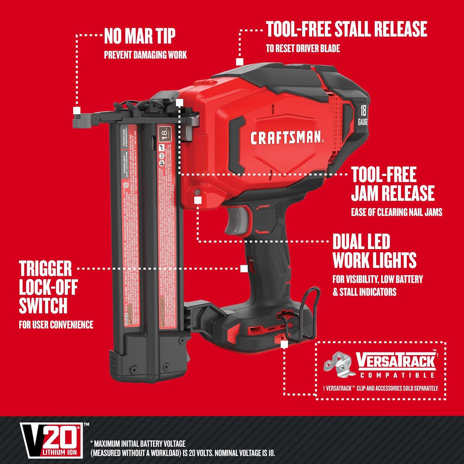 BRAD NAILERS, BRAND, CATEGORY, CRAFTSMAN, CRAFTSMAN V20 Brad Nailer, 18GA, Cordless, Bare Tool Only (CMCN618B)