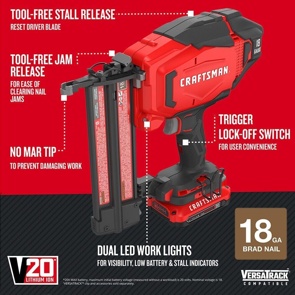 BRAD NAILERS, BRAND, CATEGORY, CRAFTSMAN, CRAFTSMAN V20 Cordless Brad Nailer, 18 Gauge Nail Gun, with Battery and Charger (CMCN618C1)