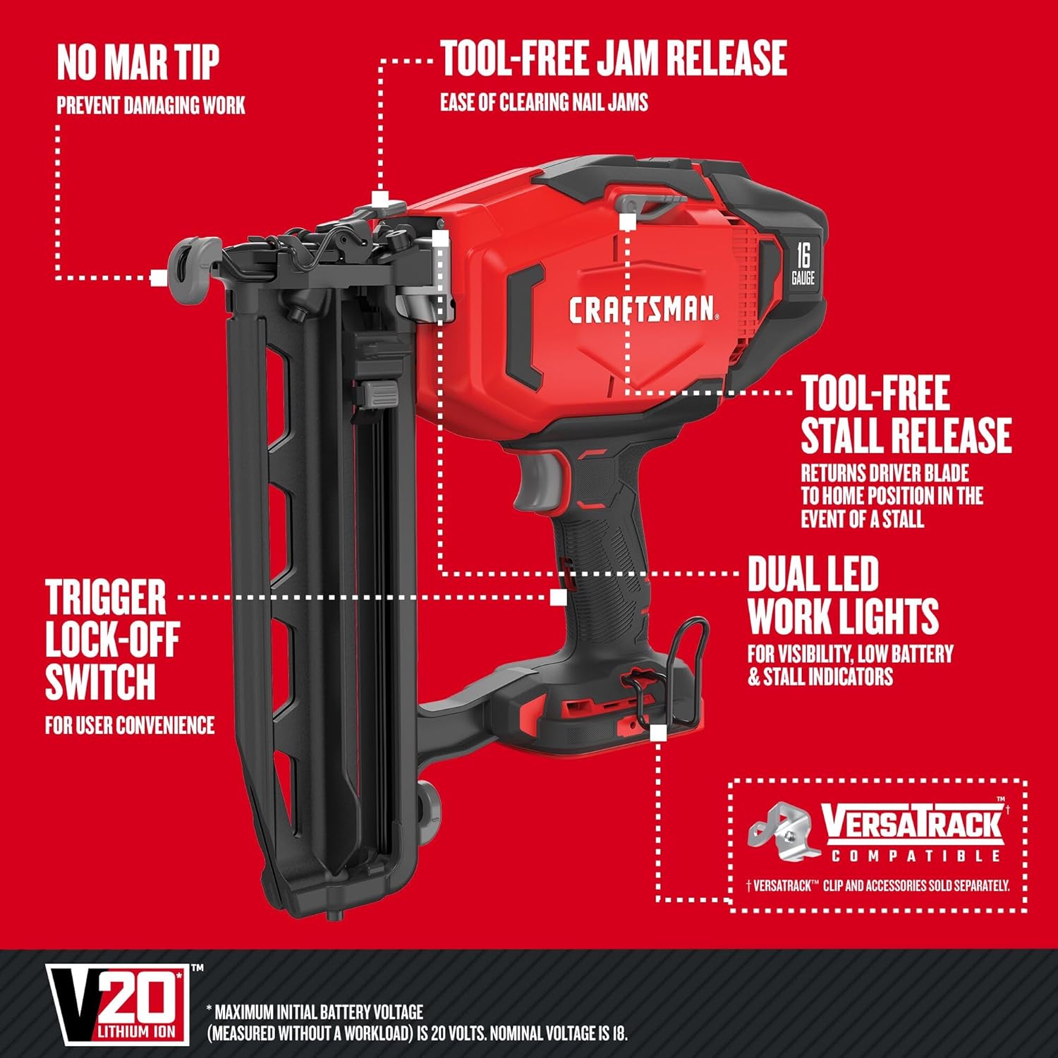 BRAND, CATEGORY, CRAFTSMAN, FINISH NAILERS, CRAFTSMAN V20 Cordless Finish Nailer, 16 Gauge, Bare Tool Only (CMCN616B)