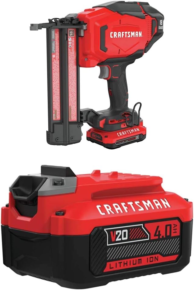 BRAD NAILERS, BRAND, CATEGORY, CRAFTSMAN, CRAFTSMAN V20 Cordless Finish Nailer Kit, 18GA with EXTRA Lithium Ion Battery, 4.0-Amp Hour (CMCN618C1 & CMCB204)