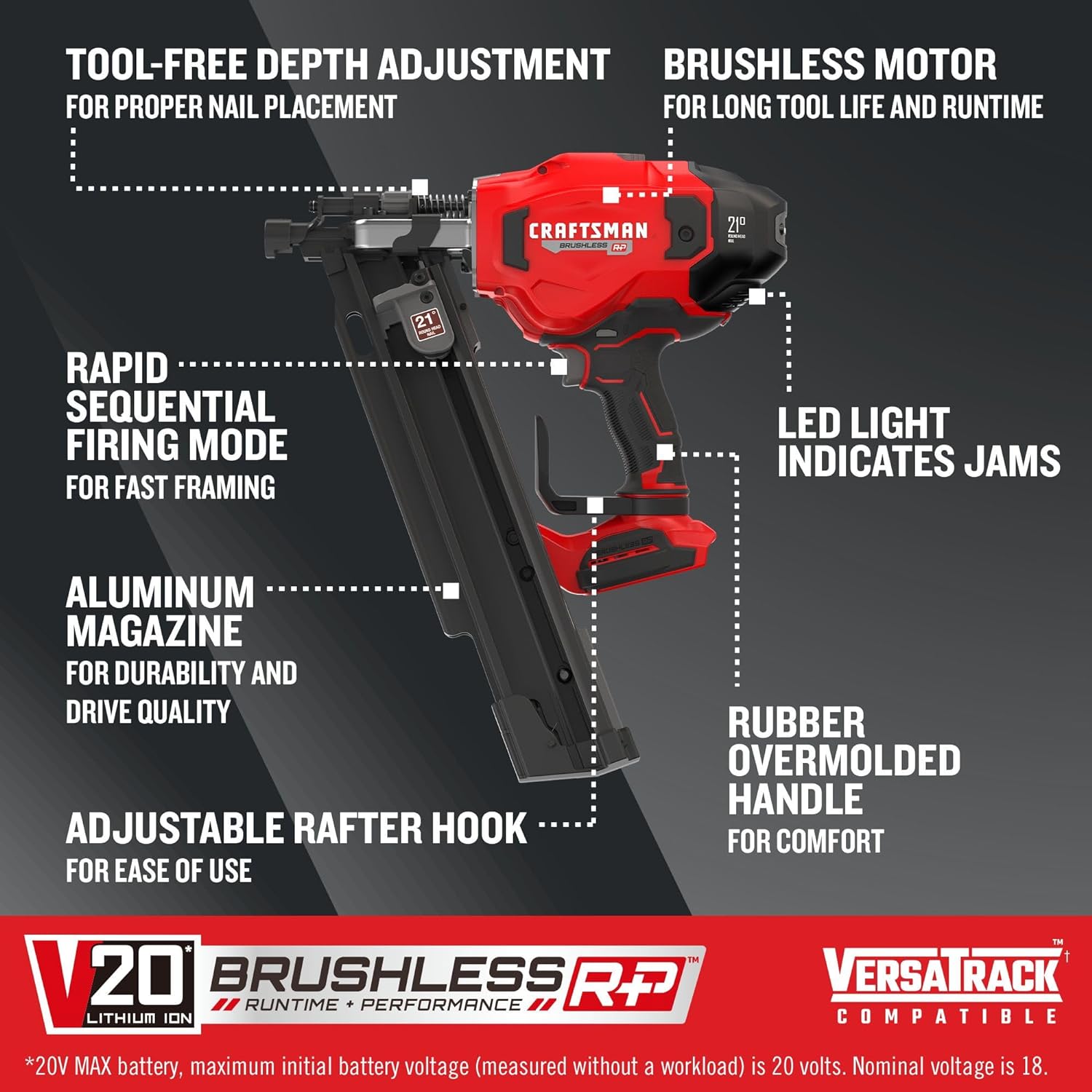 BRAND, CATEGORY, CRAFTSMAN, FRAMING NAILERS, CRAFTSMAN V20 Cordless Framing Nailer, Nail Gun, 21 Degree, up to 3-1/4 inch Nails, Bare Tool Only (CMCN621PLB)