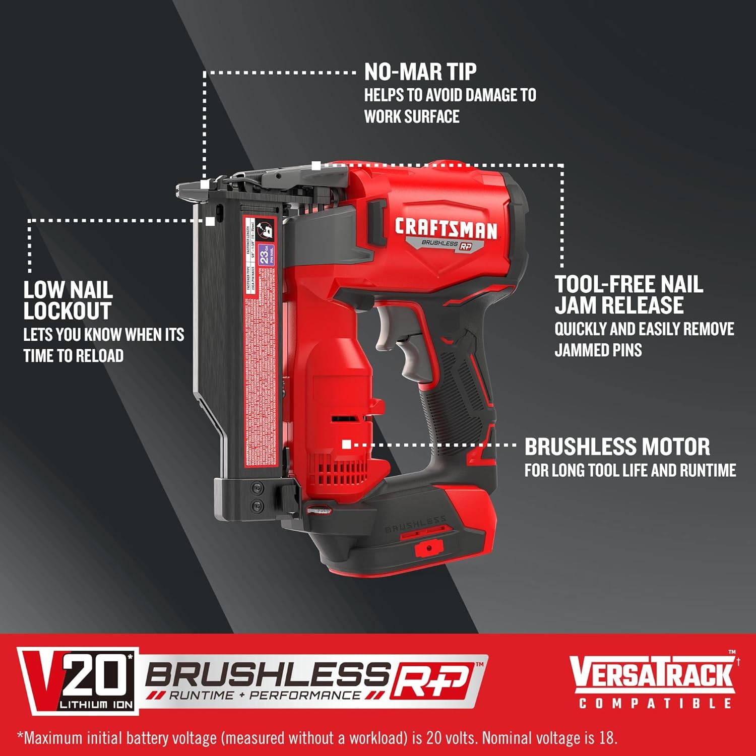 BRAND, CATEGORY, CRAFTSMAN, FRAMING NAILERS, CRAFTSMAN V20 RP Pin Nailer, Nail Gun, 23GA, For 5/8-1-3/8 inch Pin Nails, Bare Tool Only (CMCN623B)