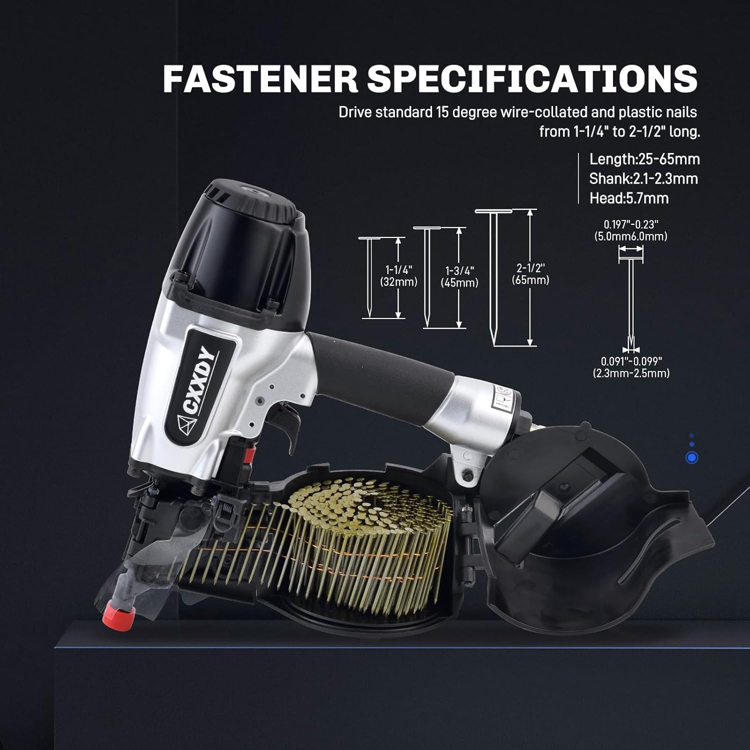 BRAND, CATEGORY, SIDING NAILERS, YON.SOU., CXXDY Siding Nail Gun 15 Degree 1-1/4" to 2-1/2" Pneumatic Coil Siding Nailer for Siding, Framing, and Fencing - Professional-Grade Performance for Contractors and DIY