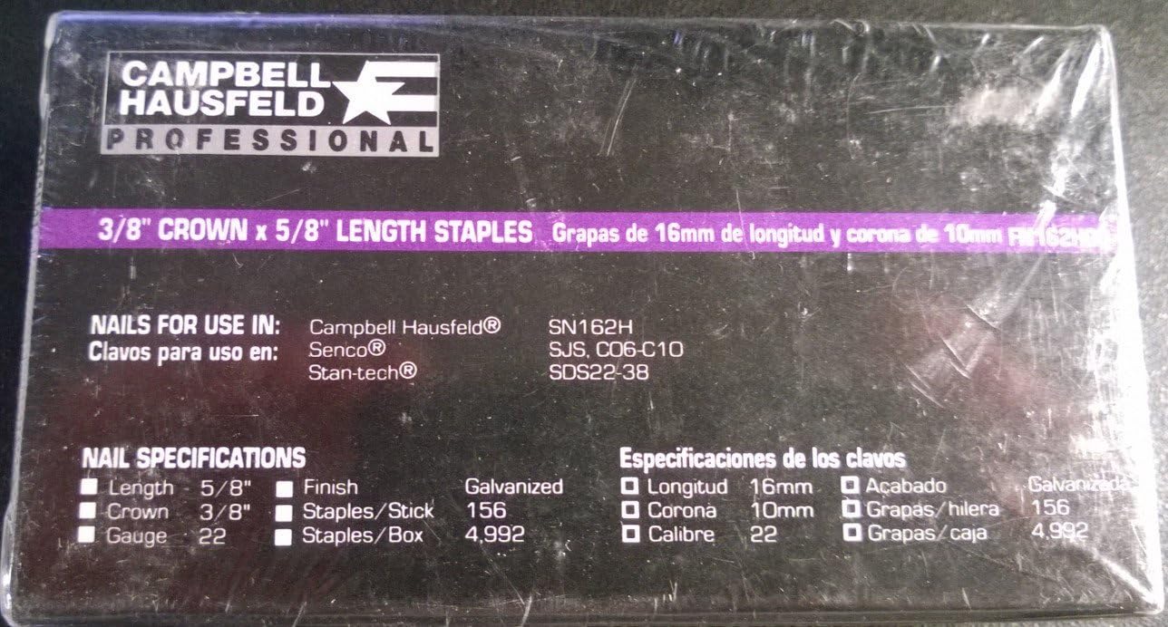 BRAND, CAMPBELL HAUSFELD, CATEGORY, STAPLES, Campbell Hausfeld 3/8'' Crown X 5/8" Length 22 Gauge #FN162H00 Galvanized Staples (5,000 Piece)