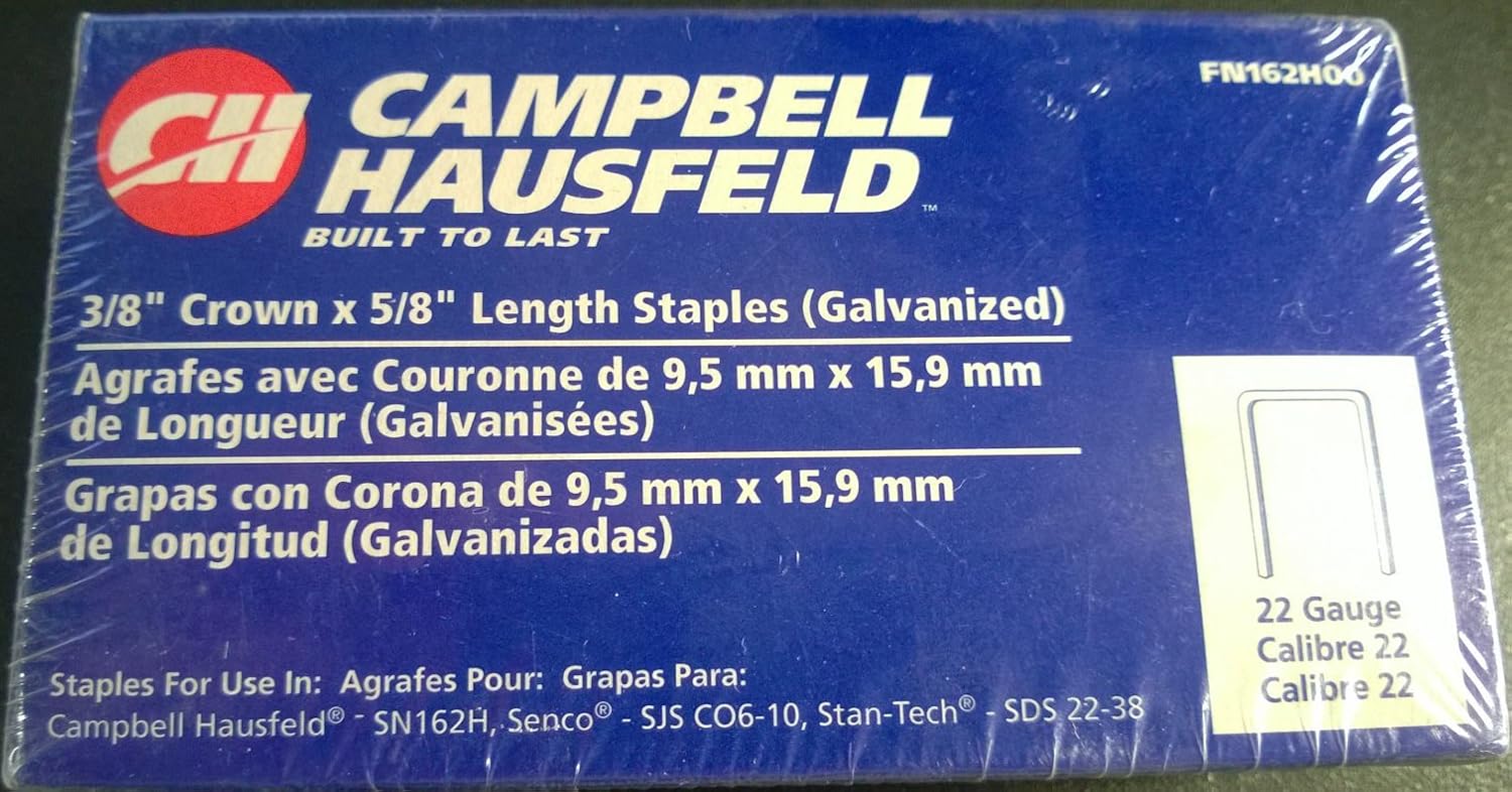 BRAND, CAMPBELL HAUSFELD, CATEGORY, STAPLES, Campbell Hausfeld 3/8'' Crown X 5/8" Length 22 Gauge #FN162H00 Galvanized Staples (5,000 Piece)