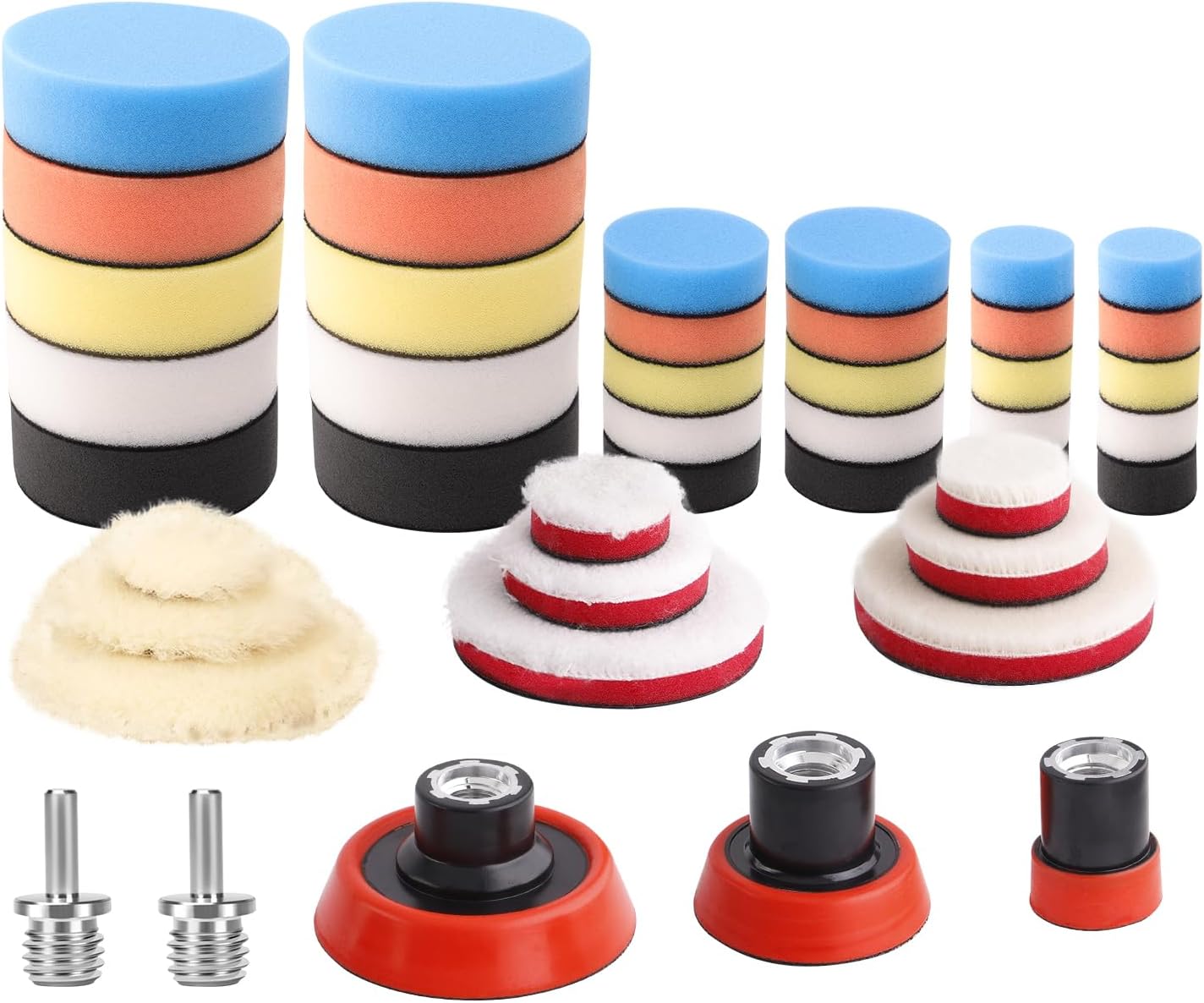 BRAND, BUFFING & POLISHING PADS, CATEGORY, ZFE, Car Foam Drill Polishing Pad Kit, 44Pcs 1inch 2inch 3inch Detail Polishing Buffing Pad Mix Size Car Detailing Kit with 5/8-11 Thread Backing pad & Adapters for Buffer Polisher Polishing, Buffing